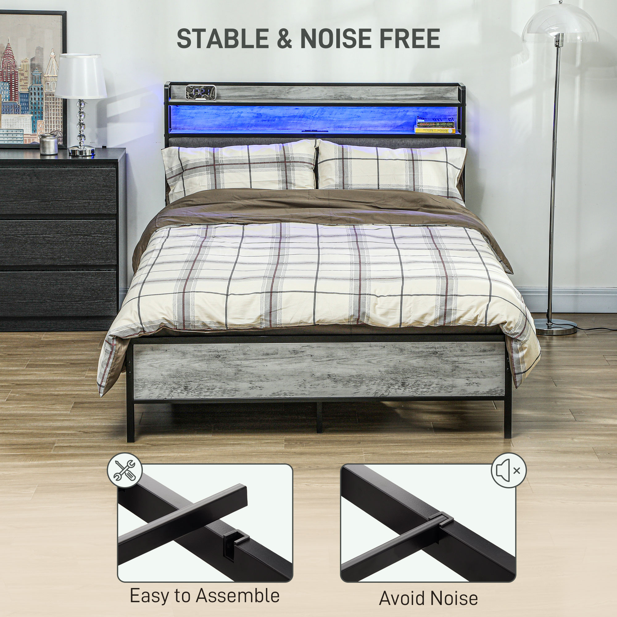HOMCOM Full Bed Frame with Storage Upholstered Headboard, Full Size Bed Frame with LED Lights, Charging Station, Cement Gray | Aosom.com 4