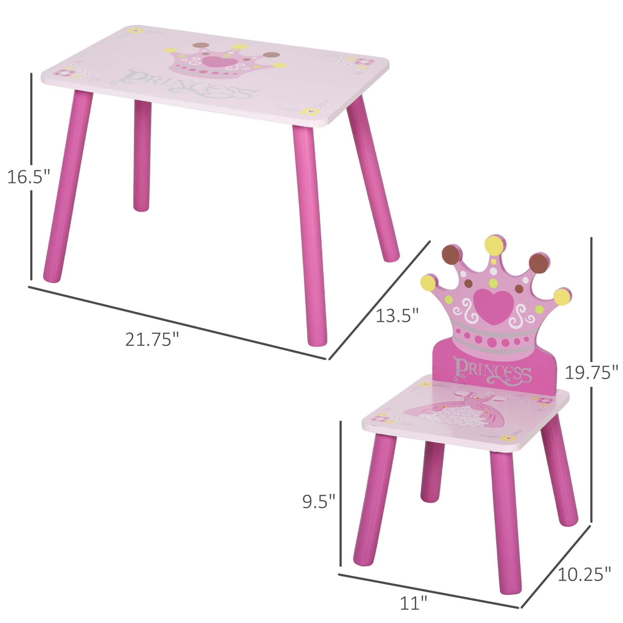 Qaba Kids Wood Table and Chair, 3-Piece Set with Crown Pattern, Charming Desk for Toddlers 3-8 Years, Princess-Themed Room, Pink| Aosom.com 1
