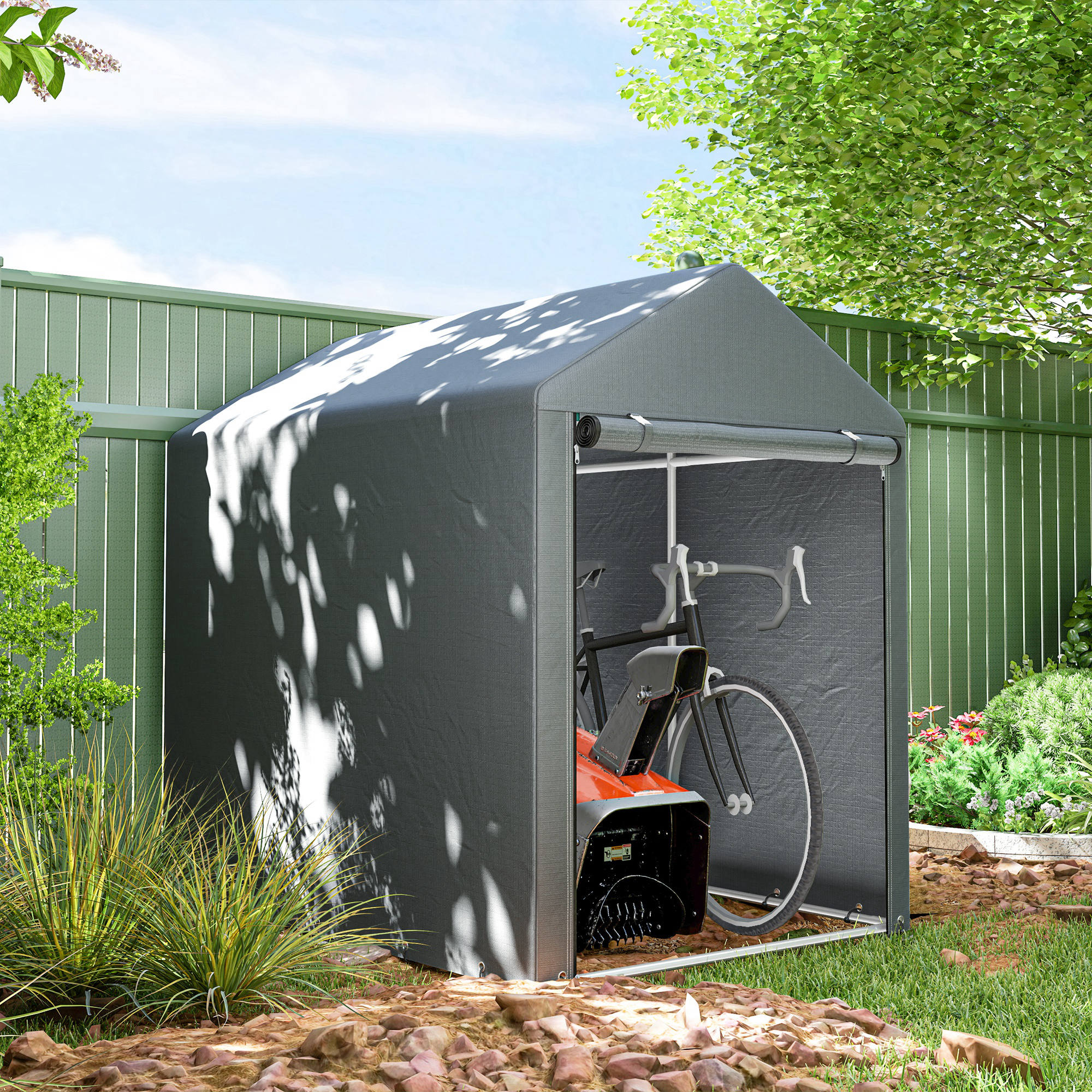Outsunny 4 x 6ft Motorcycle and Bike Storage Shed with Roll