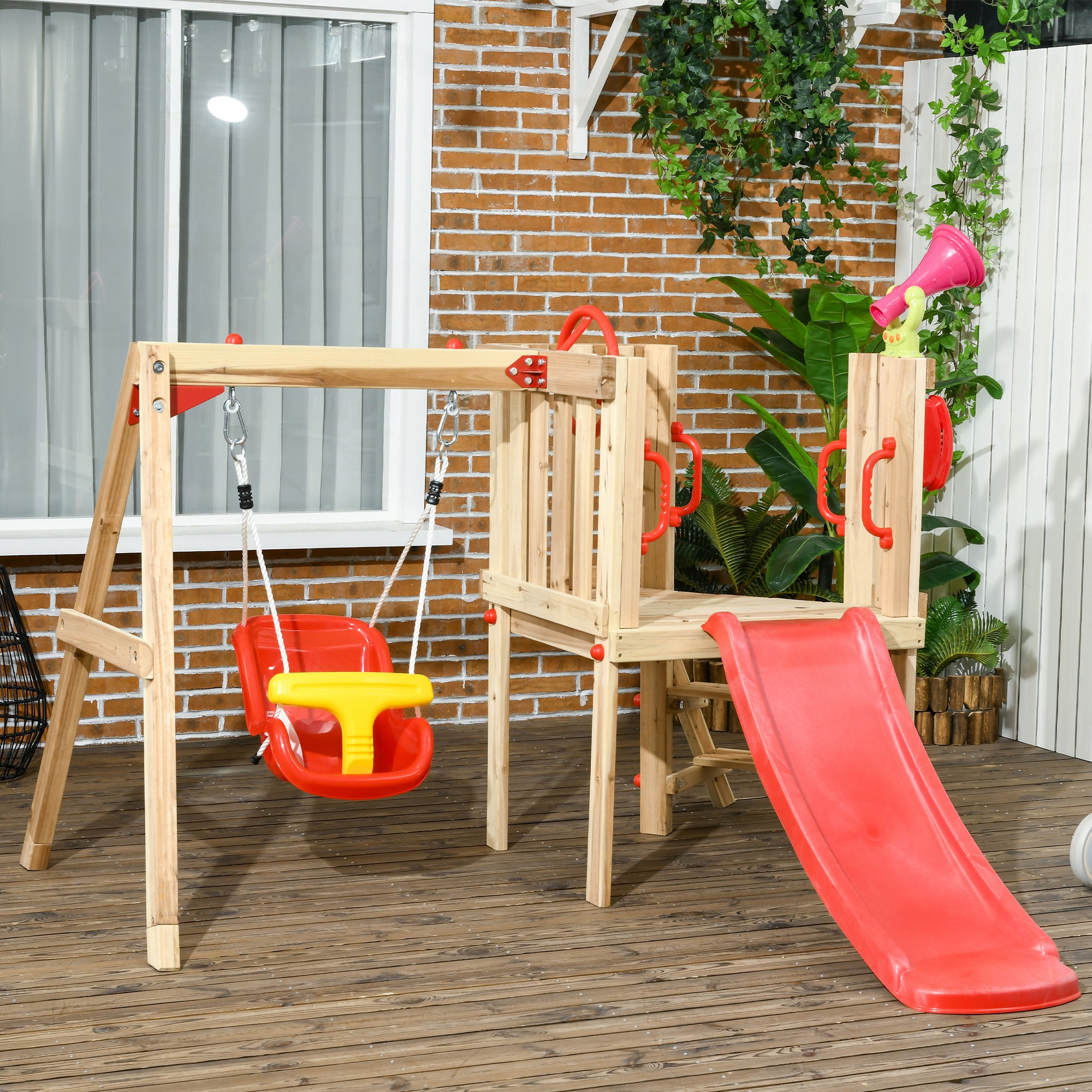 Outsunny 4-in-1 Wooden Swing Set with Swing, Slide, Horn, Steering