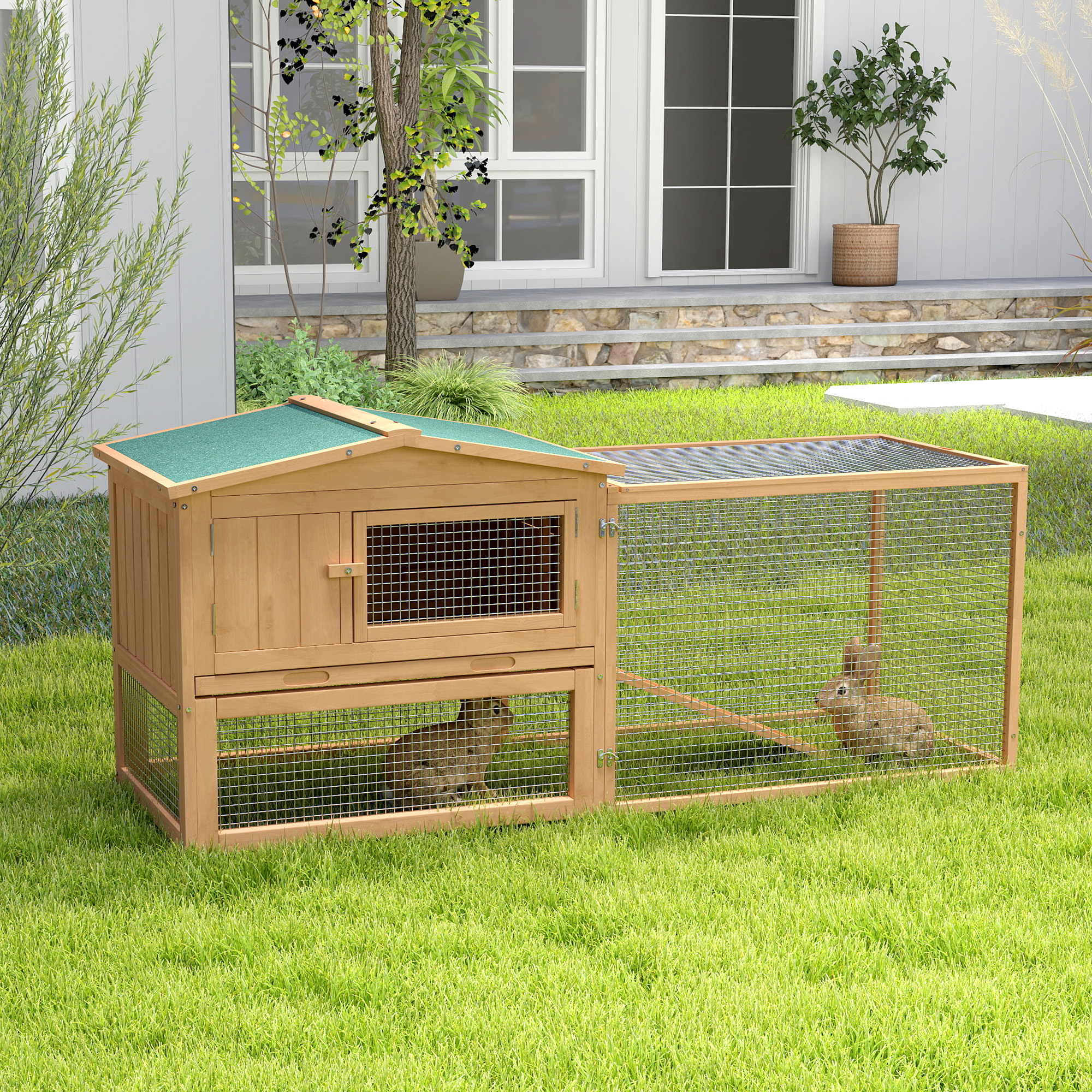 PawHut Wooden Rabbit Hutch Cage Bunny House Chicken Coop Habitats