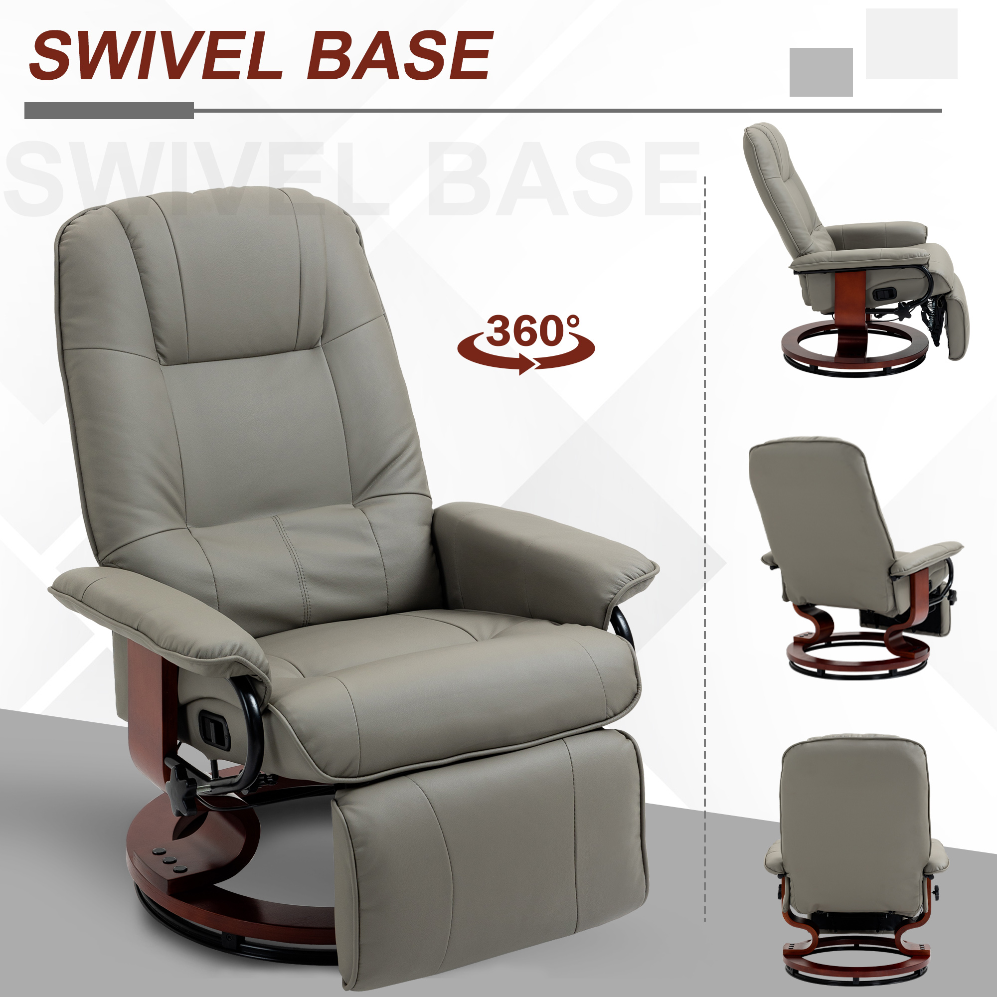HOMCOM Adjustable Swivel Recliner Armchair, Faux Leather Manual Recliner with Footrest, Armrest and Wood Base for Living Room, Gray| Aosom.com 4