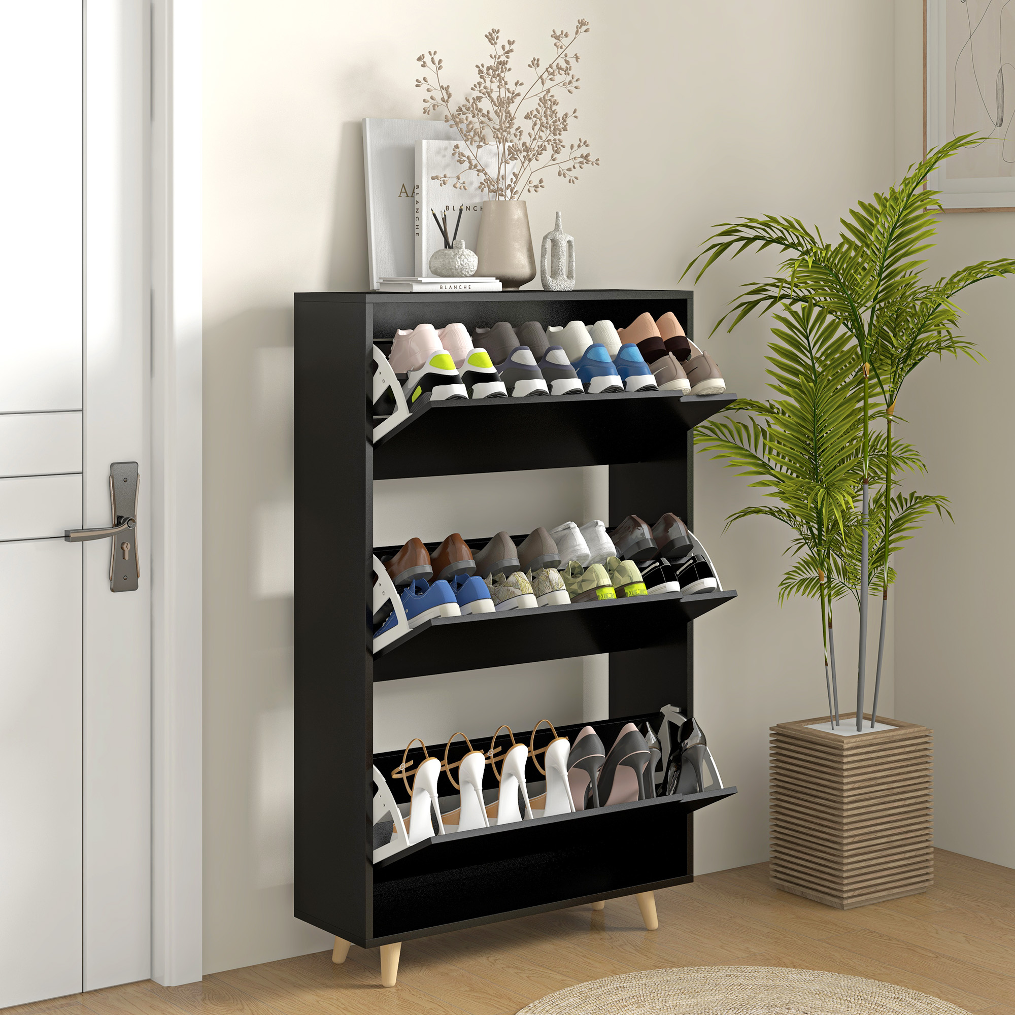 HOMCOM Slim Shoe Storage Cabinet 3 Flip Drawers Adjustable Shelves for 18-24 Pairs Black Aosom Canada