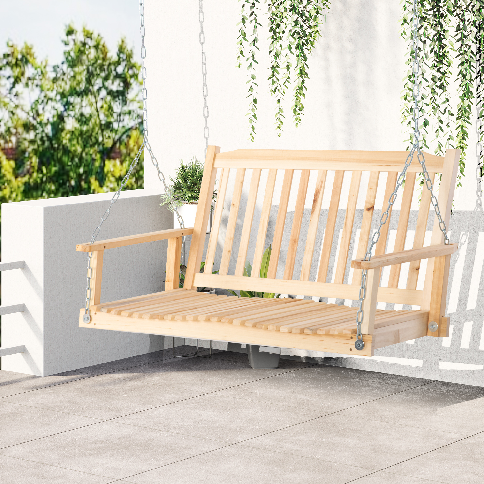 Outsunny Patio Swing Bench: 2-Person Natural Wood Design with Adjustable Hanging Chains | Aosom Canada