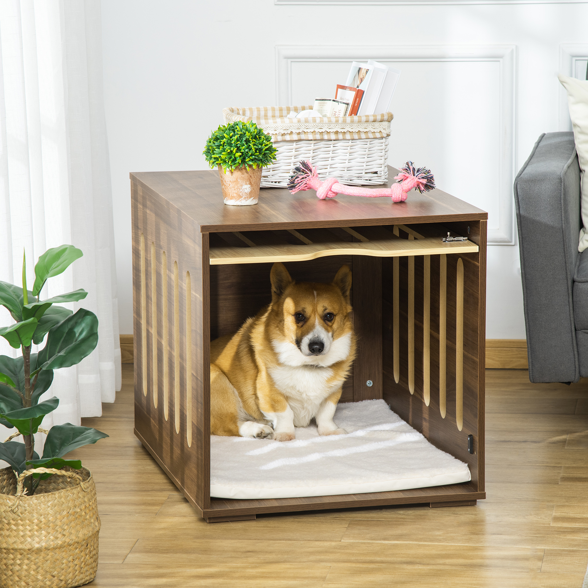 PawHut Furniture Style Dog Crate End Table with Soft Cushion, Side