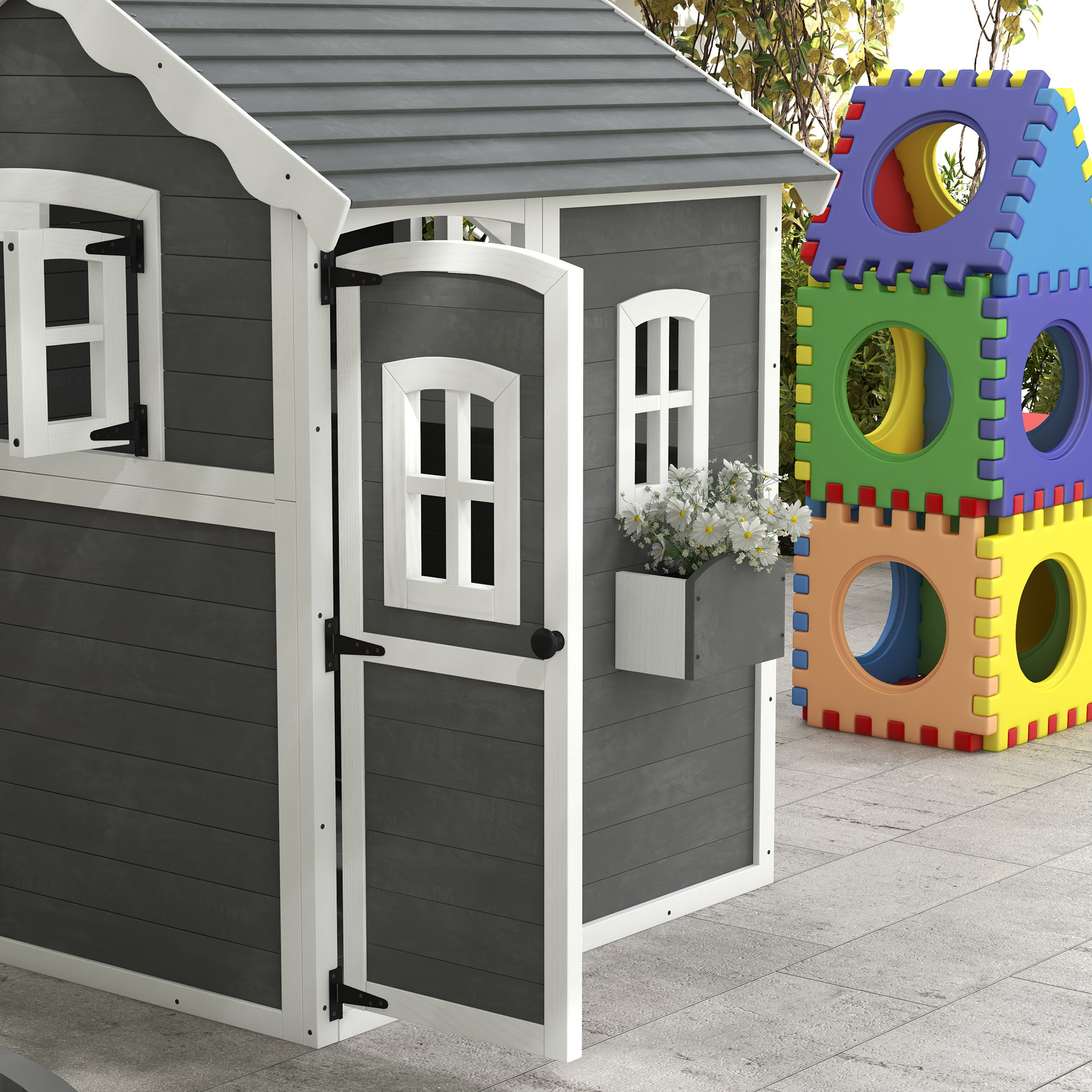 『home』 Outsunny Wooden Playhouse for Kids Outdoor with Floors