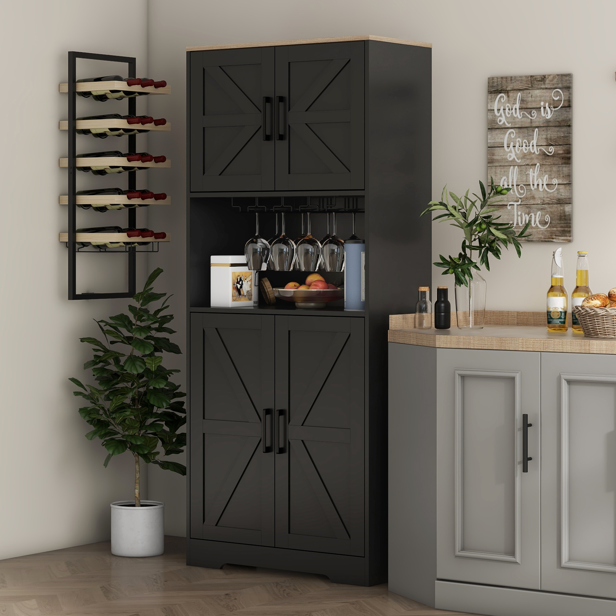 HOMCOM Farmhouse Kitchen Pantry, 68" Freestanding Hutch Storage Cabinet with Microwave Oven Countertop, Black Aosom Canada