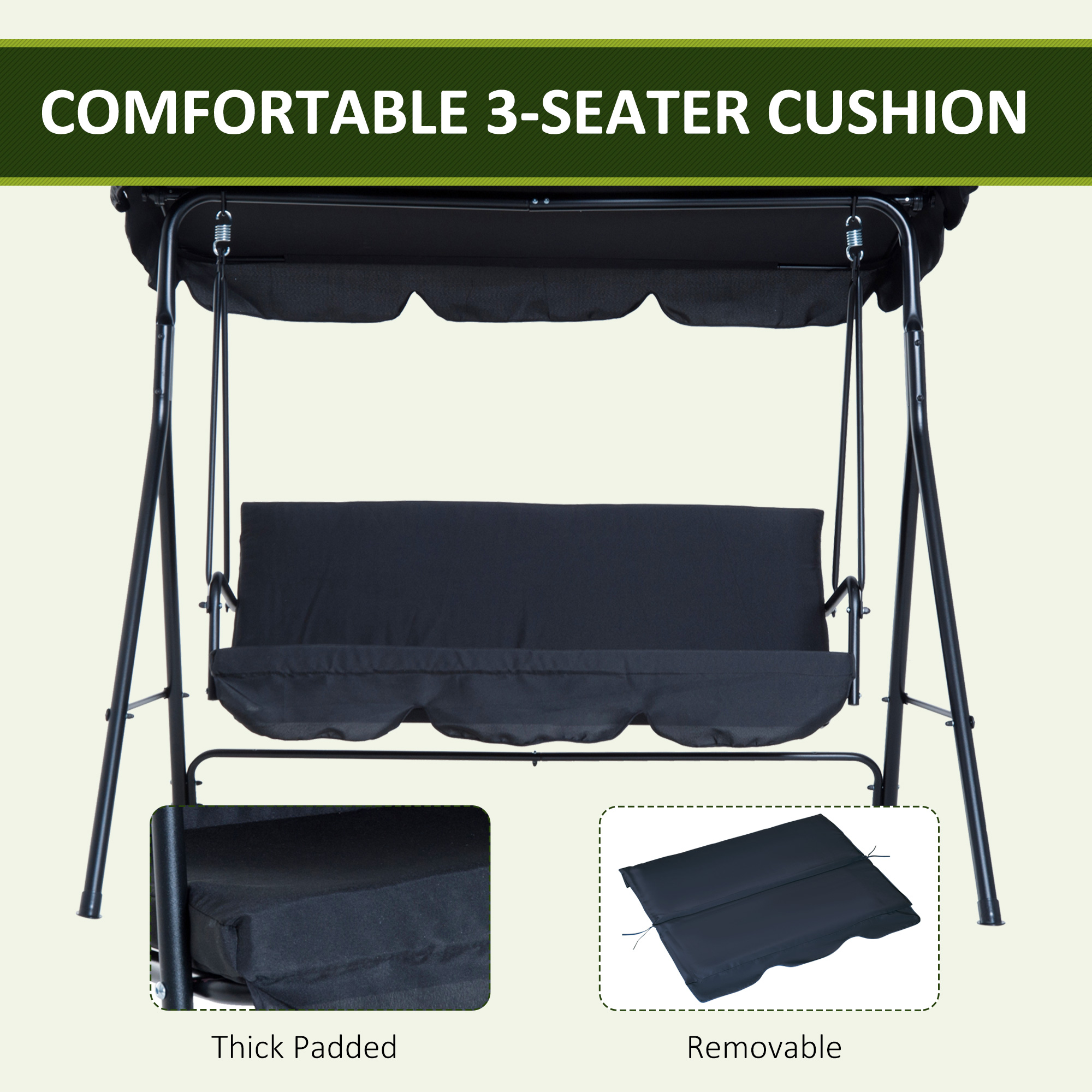 Outsunny Black Swing Chair 3-Seat with Removable Cushion