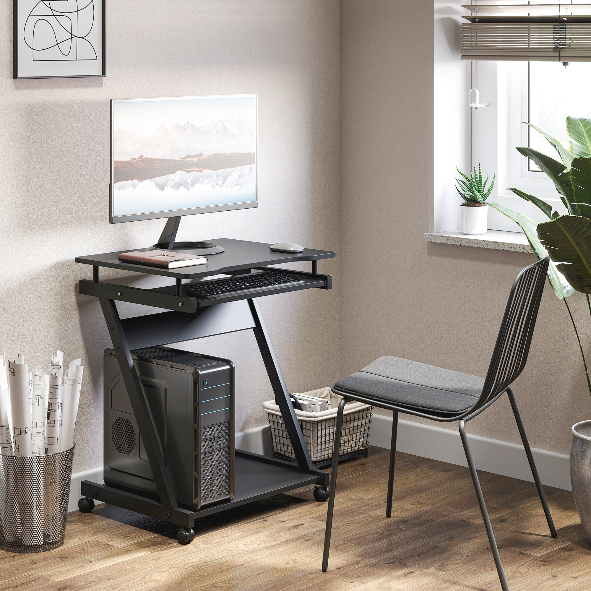 HOMCOM Movable Computer Desk with 4 Moving Wheels Sliding Keyboard Tray ...