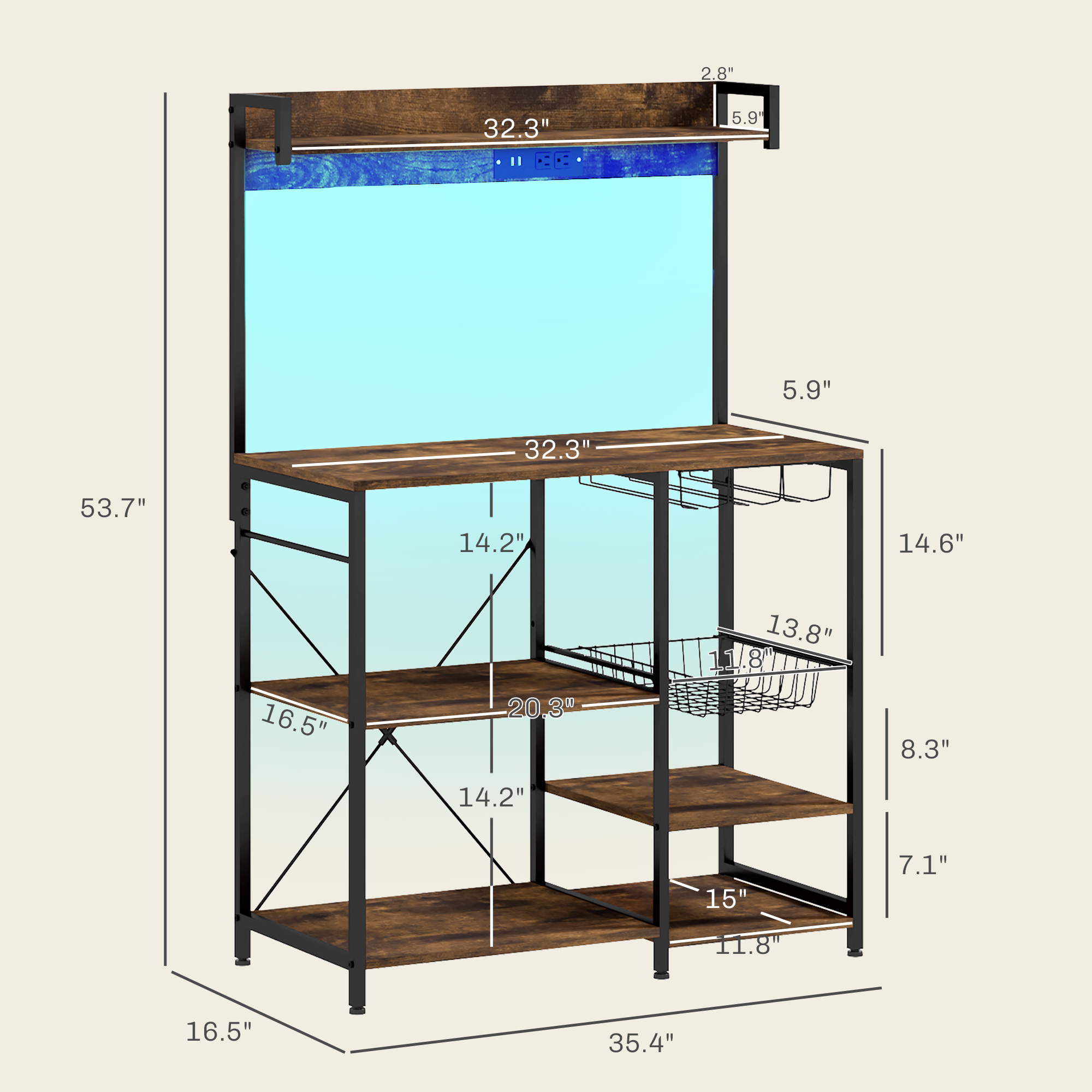 HOMCOM Industrial Rustic Brown Kitchen Baker's Rack with Charging Station, RGB Lights, Glass Holders & Open Shelves | Aosom.com 1