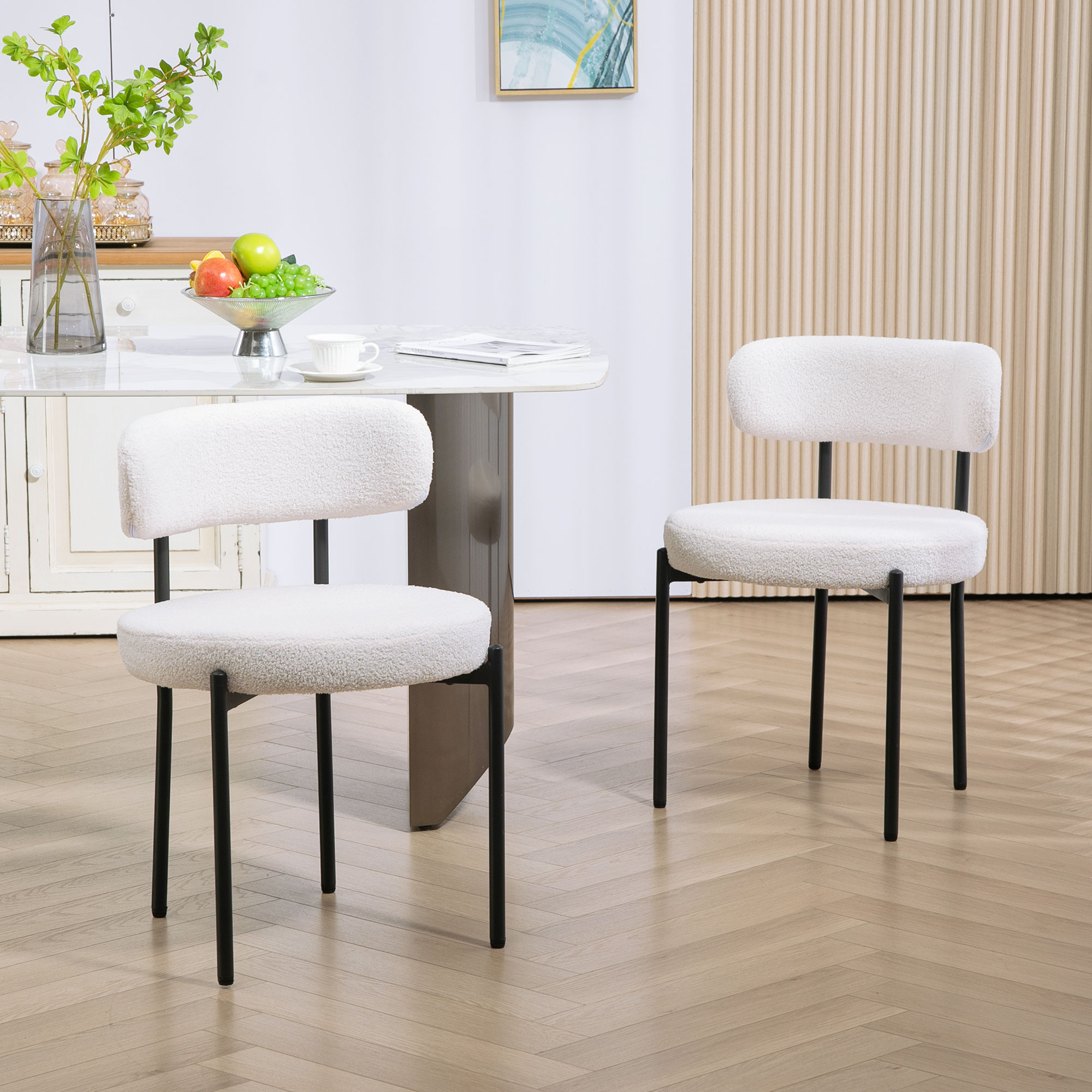 HOMCOM 2 Pieces Kitchen Chairs, Modern Dining Chairs w/ Berber Fleece Upholstery and Steel Legs for Living Room, Cream White Aosom Canada