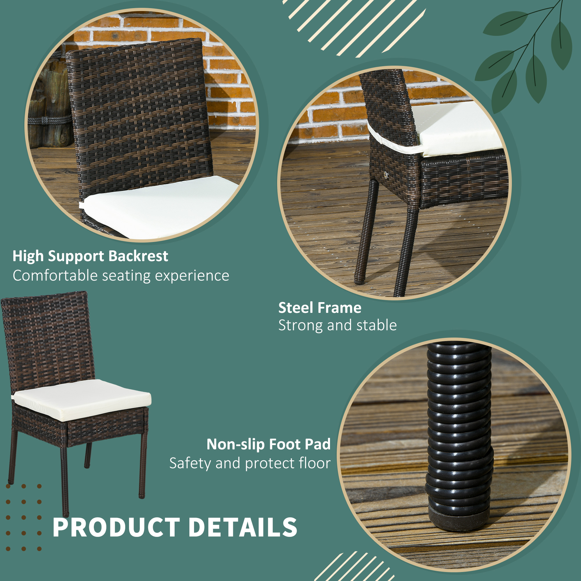 Outsunny PE Rattan Outdoor Dining Chairs with Cushion, Patio Wicker ...