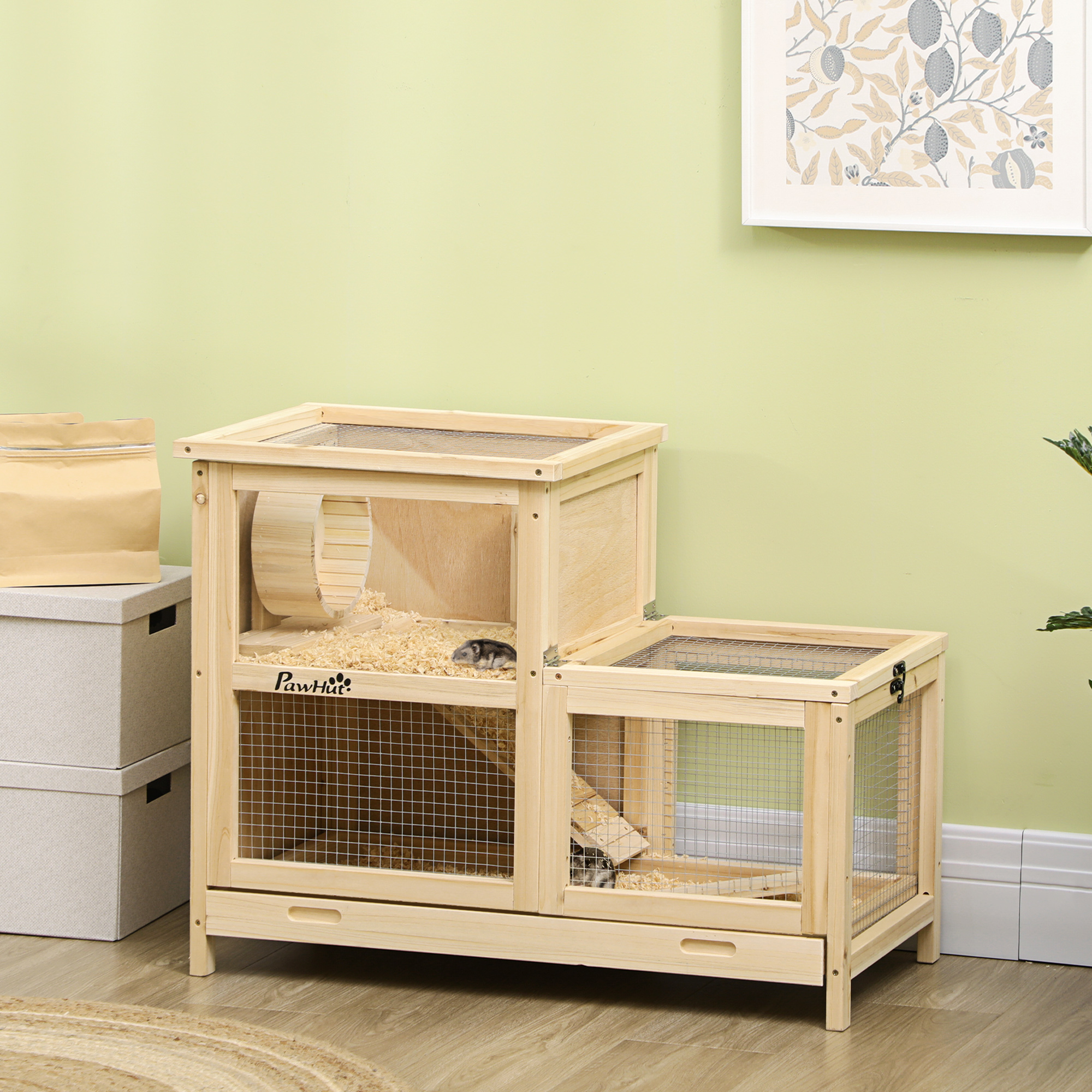 PawHut Wooden Hamster Cage, Mice Rodent Small Animals Kit Hutch, 2 Tiers Exercise Play House, with Sliding Tray, Ladder, Seesaw | Aosom Canada