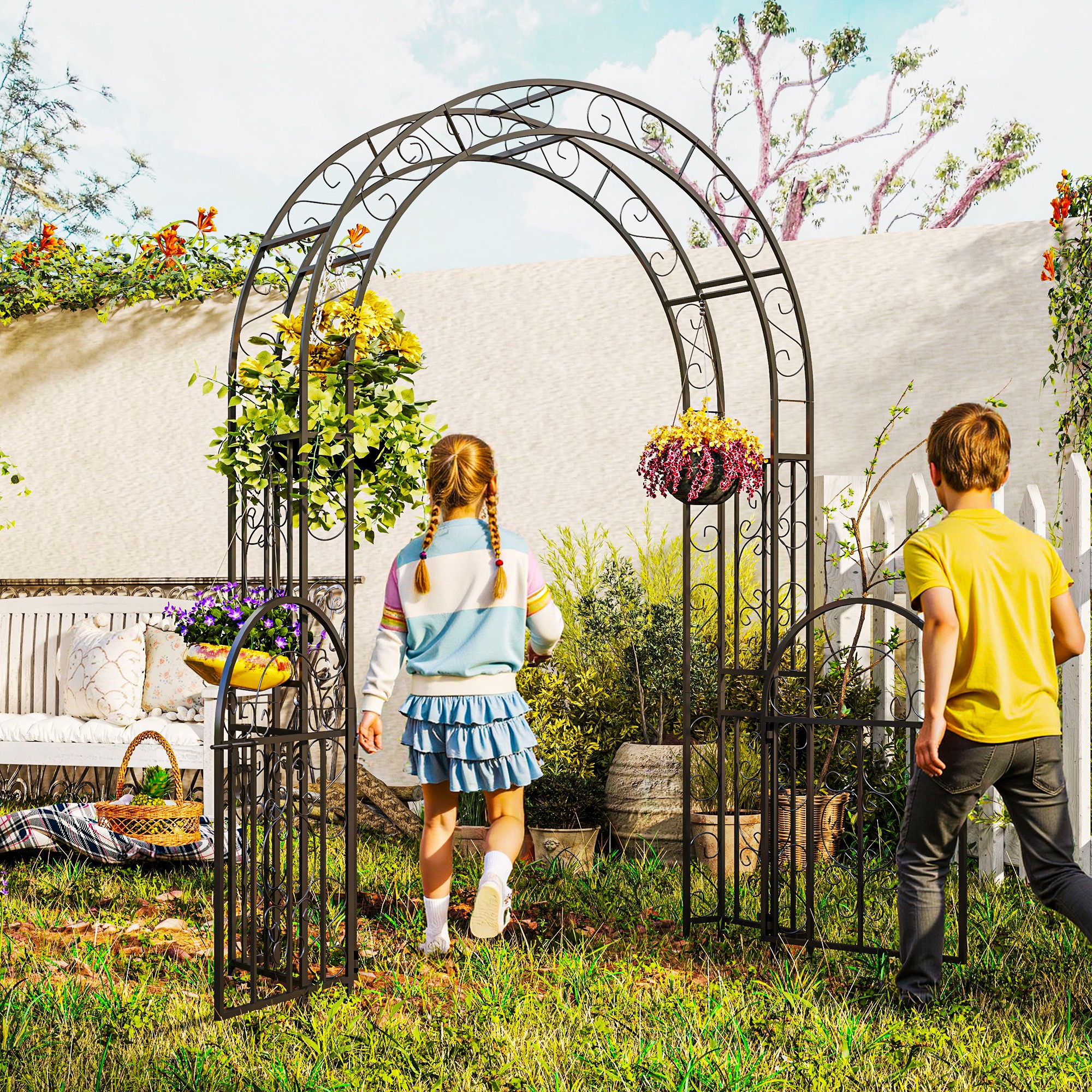 Outsunny 7.4ft Steel Garden Arch with Gate, Garden Arbor Trellis