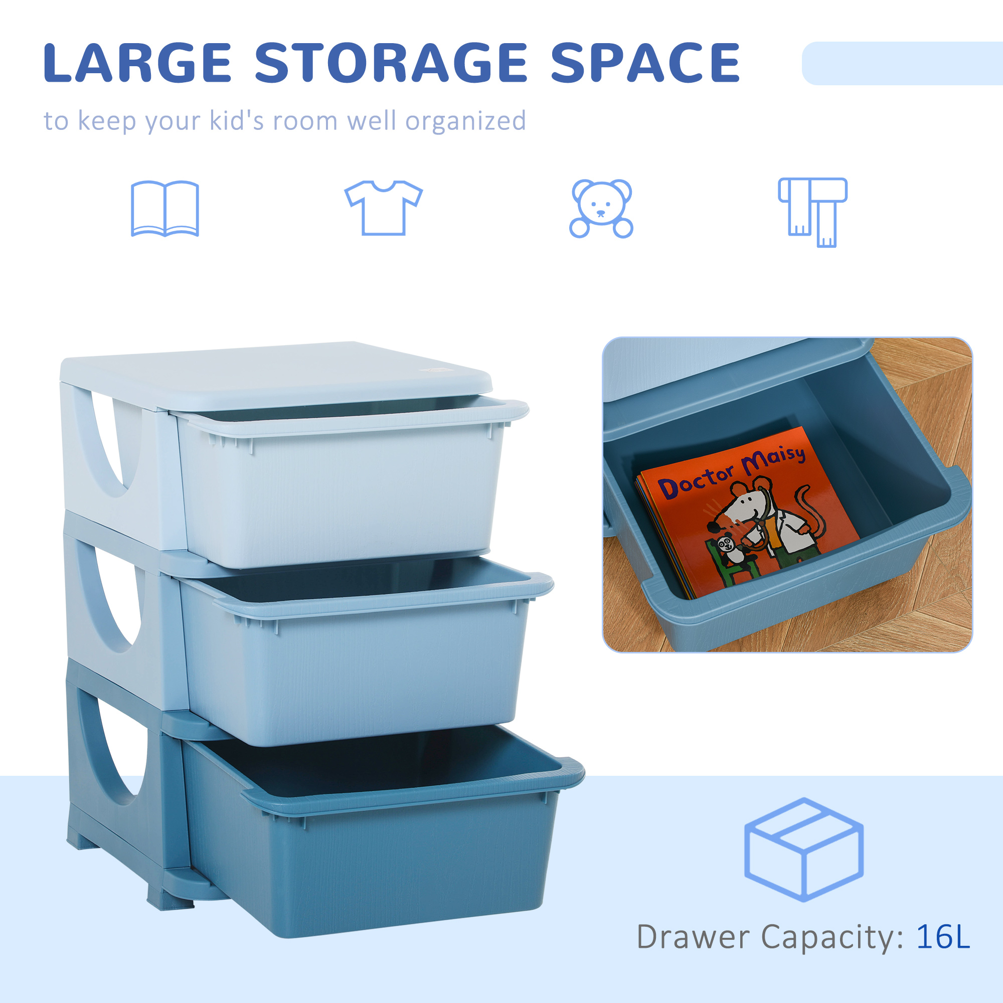 Qaba 3 Tier Kids Toy Storage Organizer with Drawers, Blue, Chest for Bedroom, Kindergarten, Living Room, for Boys and Girls | Aosom.com 3