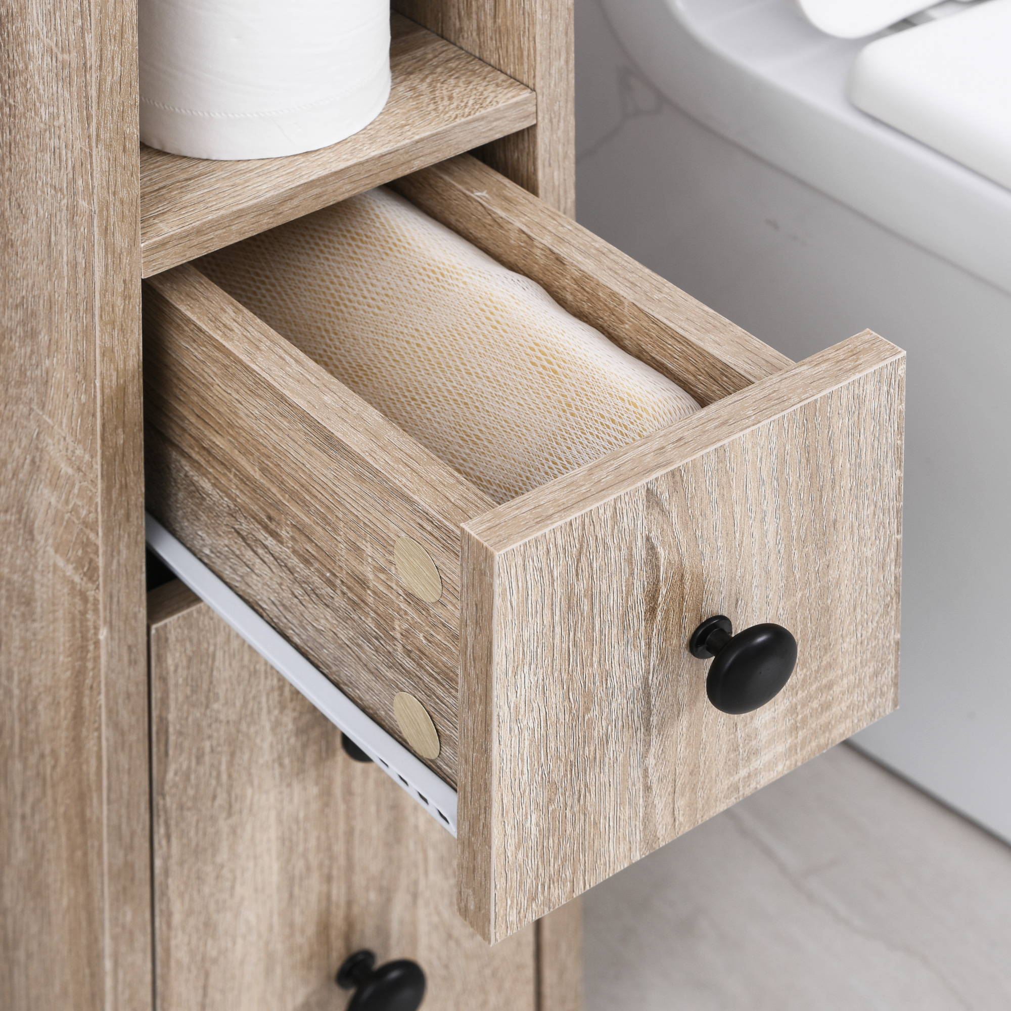 kleankin Freestanding Compact Design Bathroom Cabinet with 2 Open Cabinets  1 Door Cabinet  1 Drawer and 4 Rolling Wheels  Oak Grain Color 6