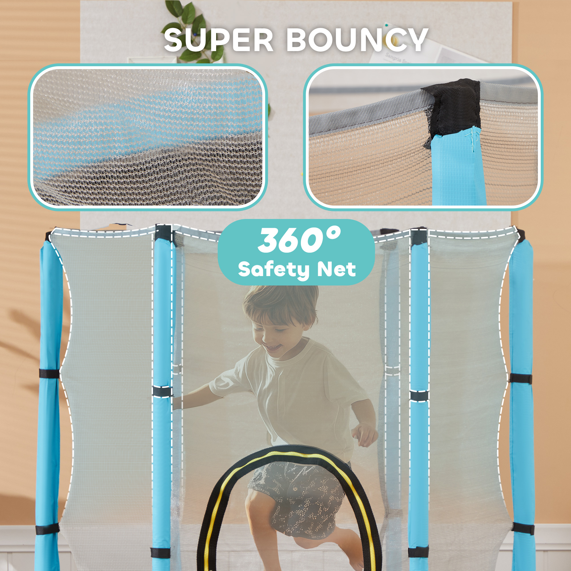 Qaba 4.6FT Toddler Trampoline w/ Safety Net, Recreational Trampoline for Indoor Outdoor, Dolphin Pattern, Light Blue 4