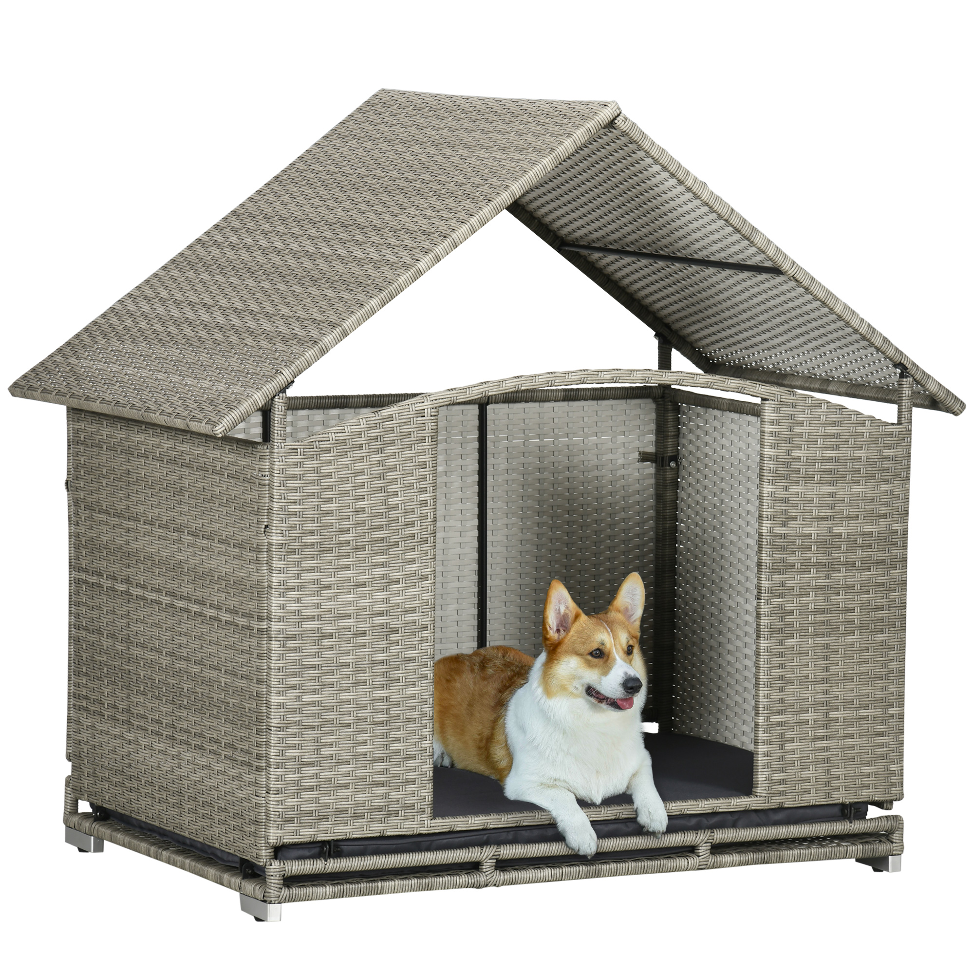 PawHut Wicker Dog House Outdoor with Canopy, Fancy Dog Bed Rattan ...