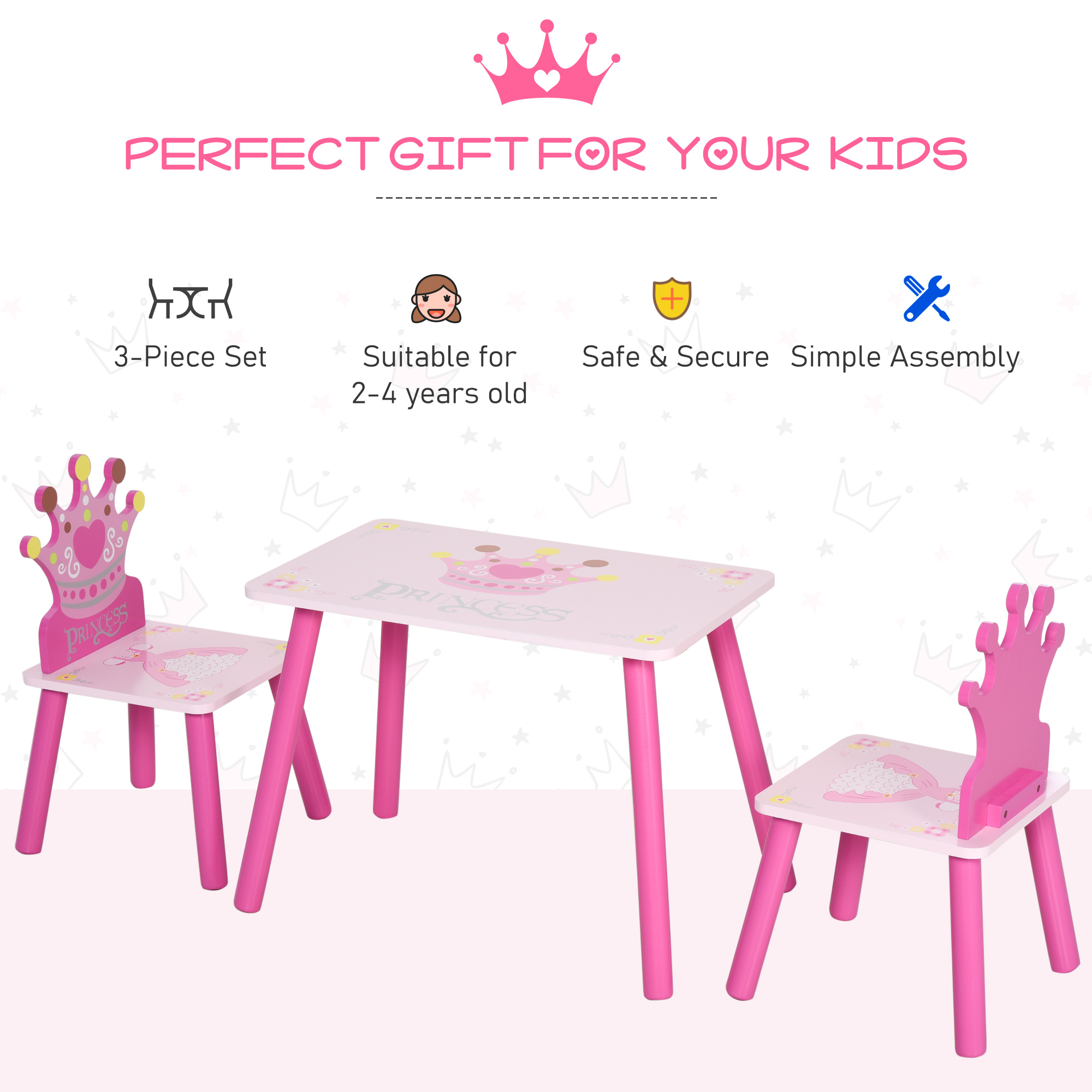 Qaba Kids Wood Table and Chair, 3-Piece Set with Crown Pattern, Charming Desk for Toddlers 3-8 Years, Princess-Themed Room, Pink| Aosom.com 4
