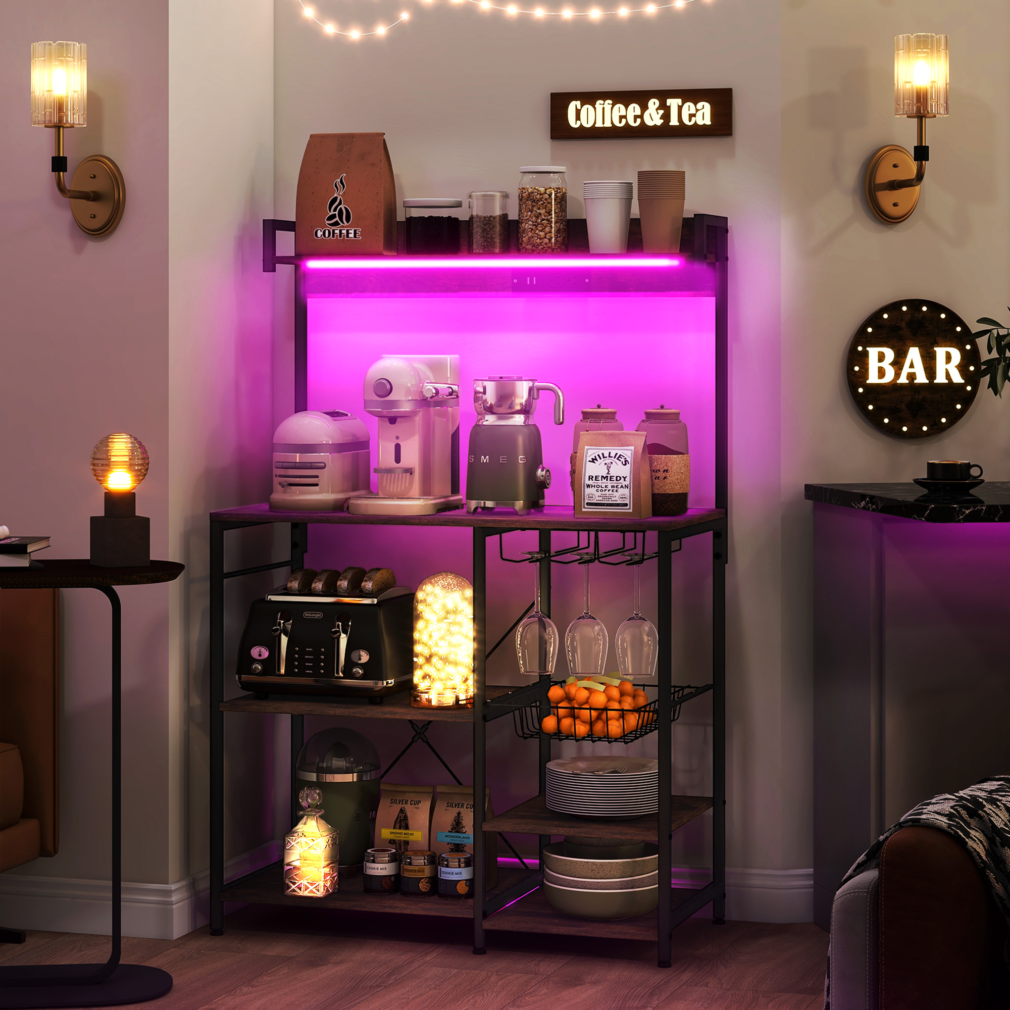 HOMCOM Industrial Rustic Brown Kitchen Baker's Rack with Charging Station, RGB Lights, Glass Holders & Open Shelves | Aosom.com 2