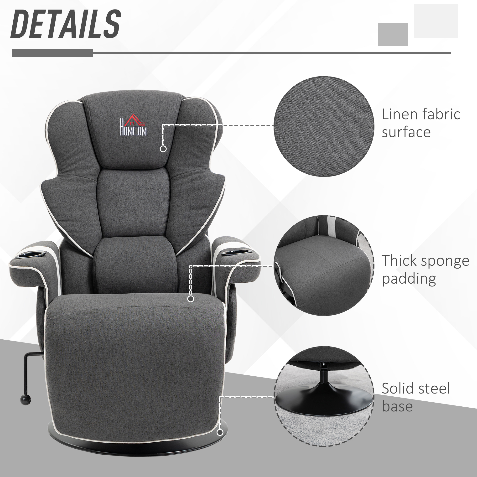 HOMCOM Manual Recliner, Swivel Lounge Armchair with Footrest and 2 Cup Holders for Living Room, Home & Office, 150° Reclining Function, Black 5