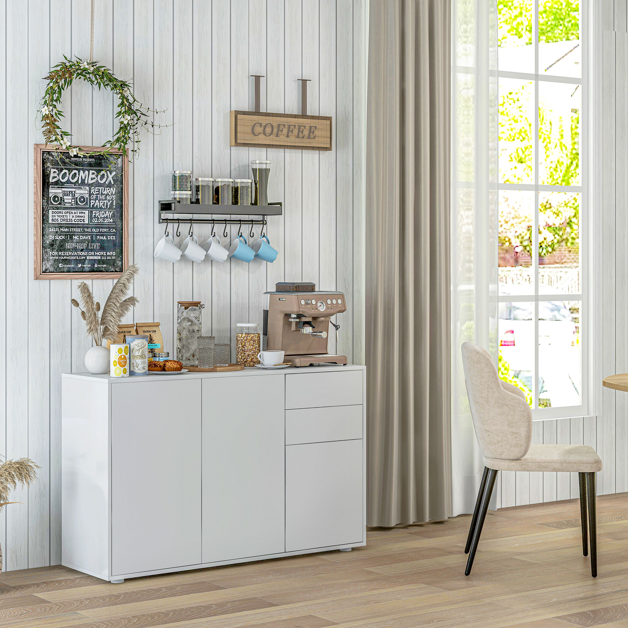 HOMCOM Kitchen Buffet Cabinet Modern Coffee Bar Push-Open Design 2 Drawers Living Room White Aosom Canada