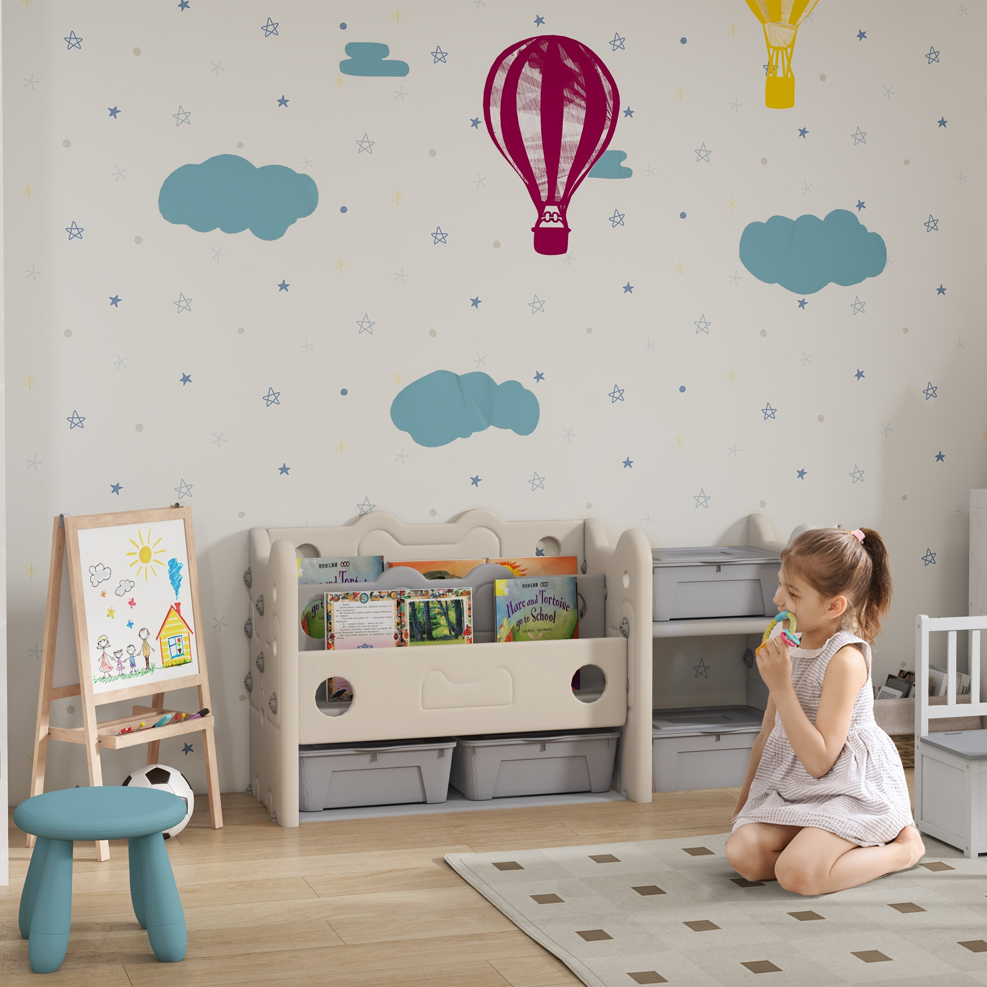 Qaba 2 Tier Kids Toy Storage Organizer, Cream White with 4 Storage Boxes, Bookshelves for Nursery, Playroom | Aosom.com 0
