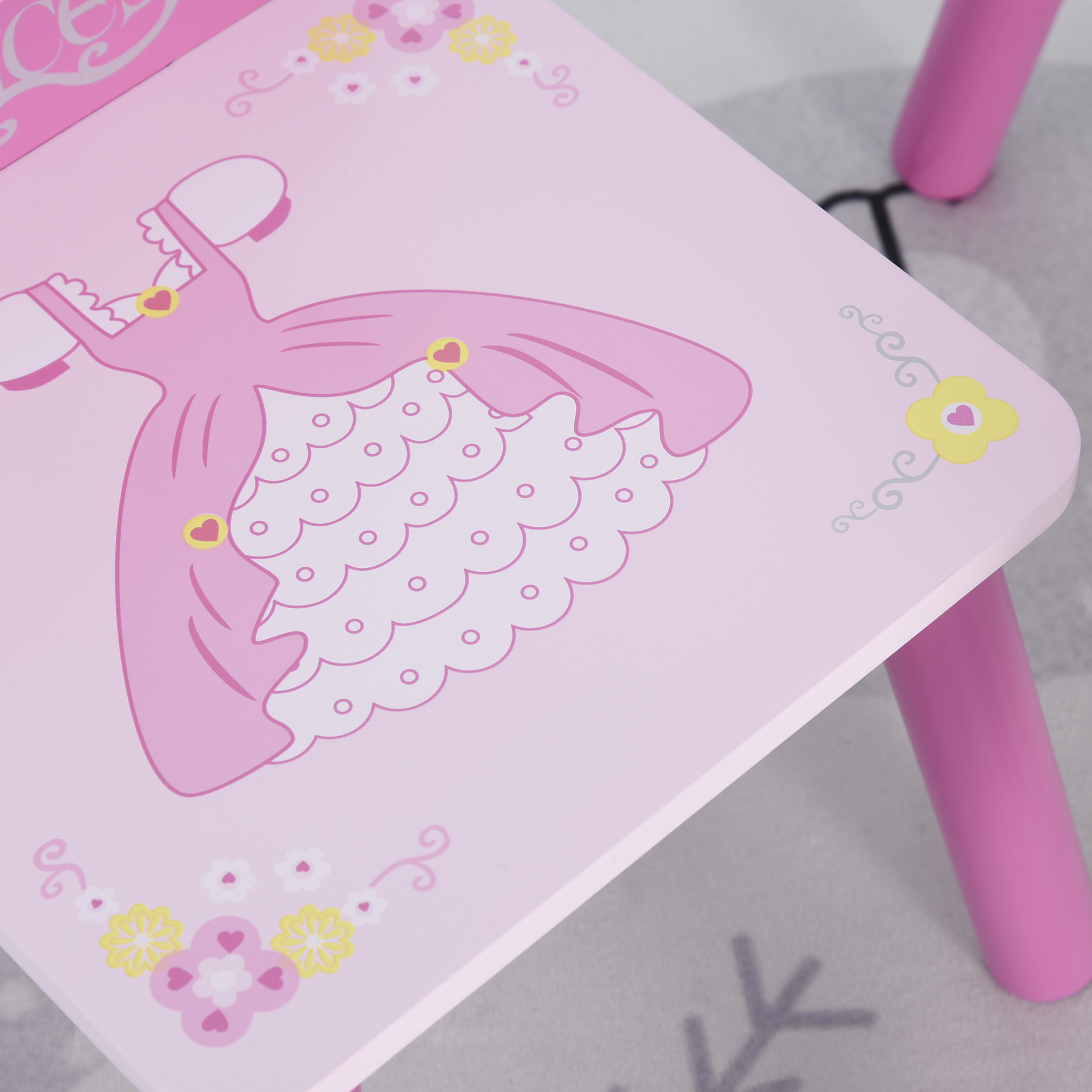 Qaba Kids Wood Table and Chair, 3-Piece Set with Crown Pattern, Charming Desk for Toddlers 3-8 Years, Princess-Themed Room, Pink| Aosom.com 6