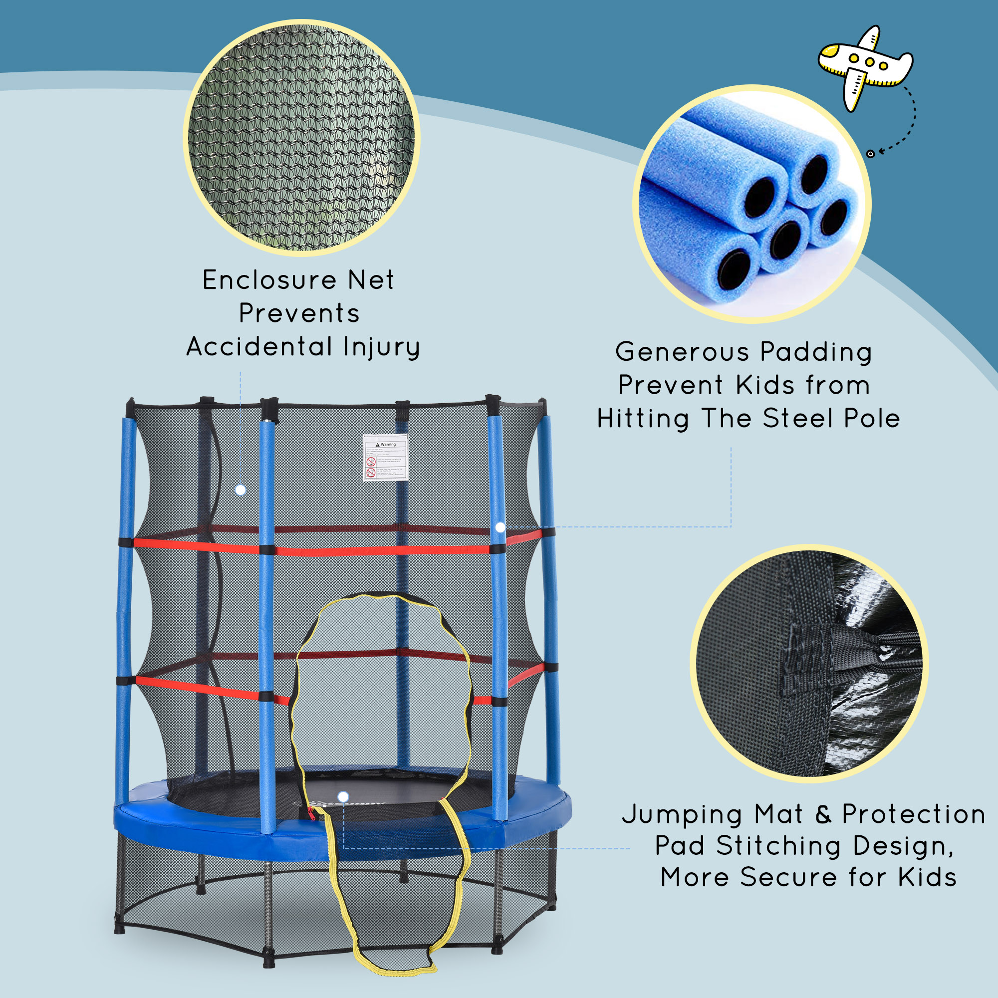 Outsunny 4.5FT Kids Trampoline, Blue, with Safety Enclosure Net and Springless Design, Steel Frame, for Ages 3 to 6 | Aosom.com 4