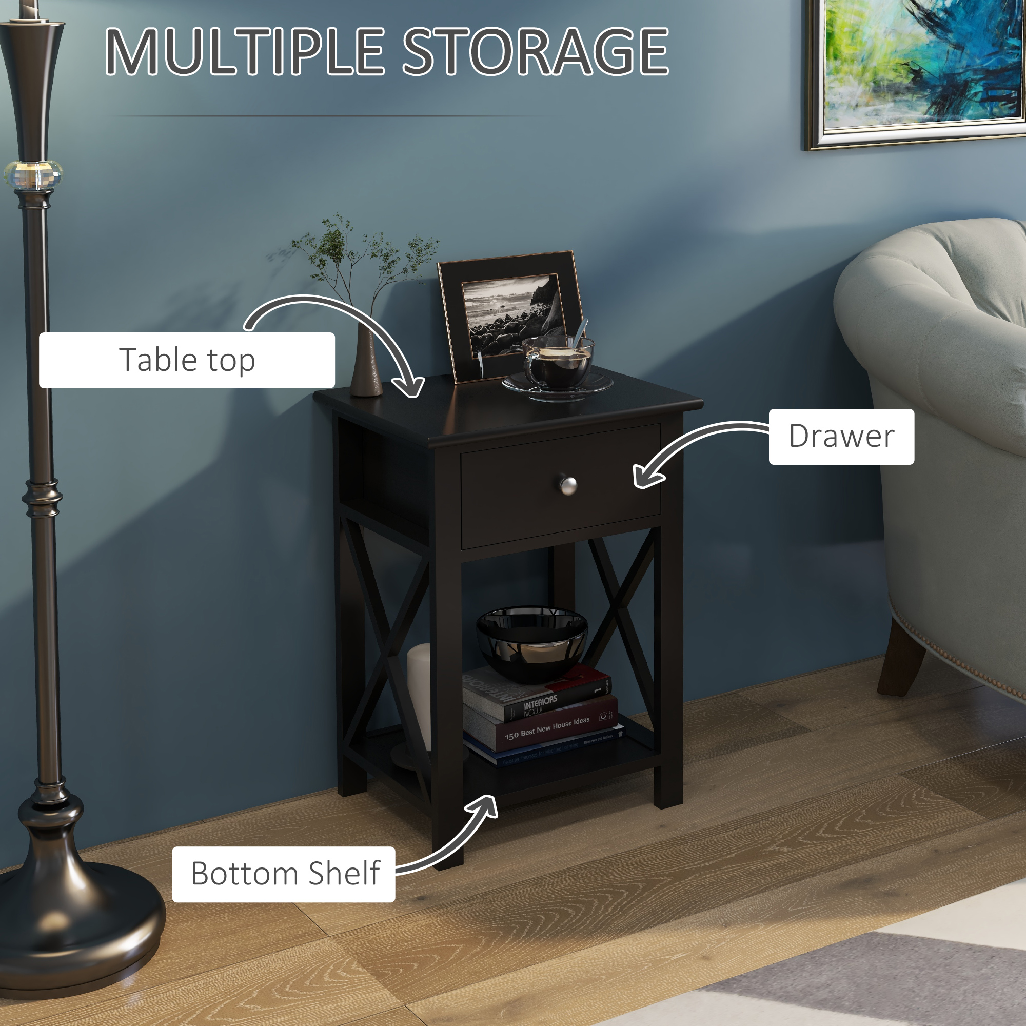 HOMCOM Wood X Frame Traditional End Accent Table W/ Storage