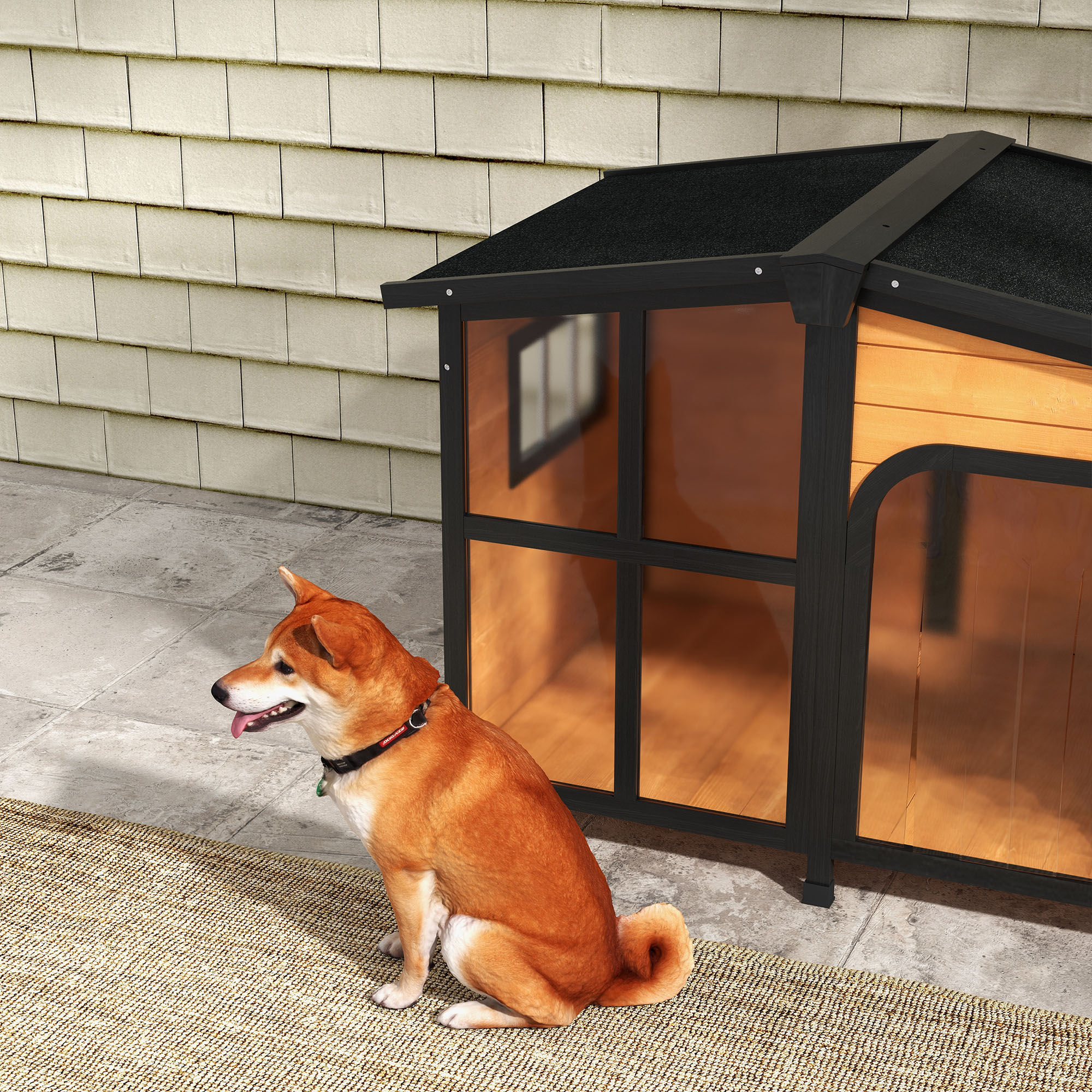 PawHut Cabin-Style Wooden Dog House for Large Dogs with Openable Roof ... - Dog House With Large Windows