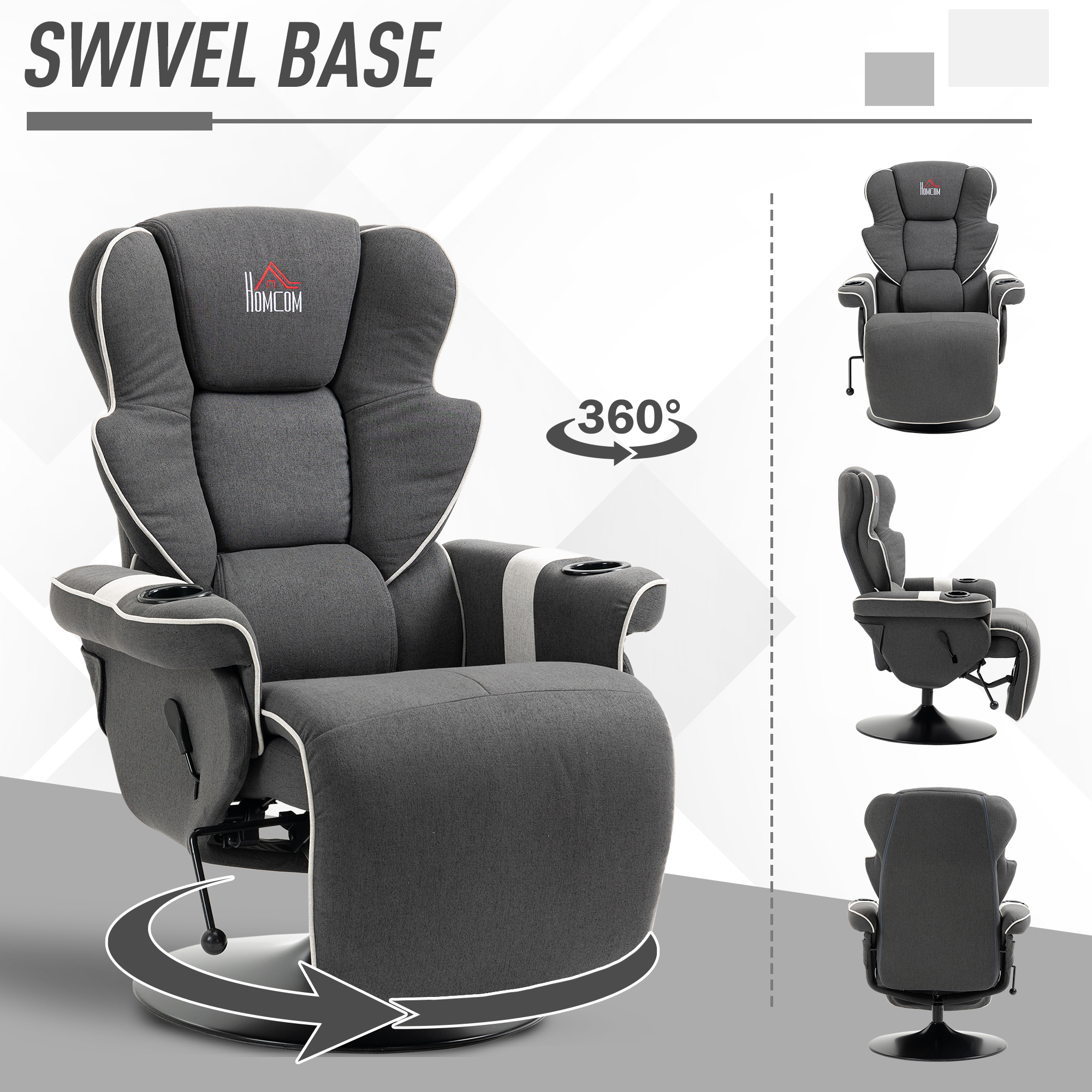 HOMCOM Manual Recliner, Swivel Lounge Armchair with Footrest and 2 Cup Holders for Living Room, Home & Office, 150° Reclining Function, Black 4