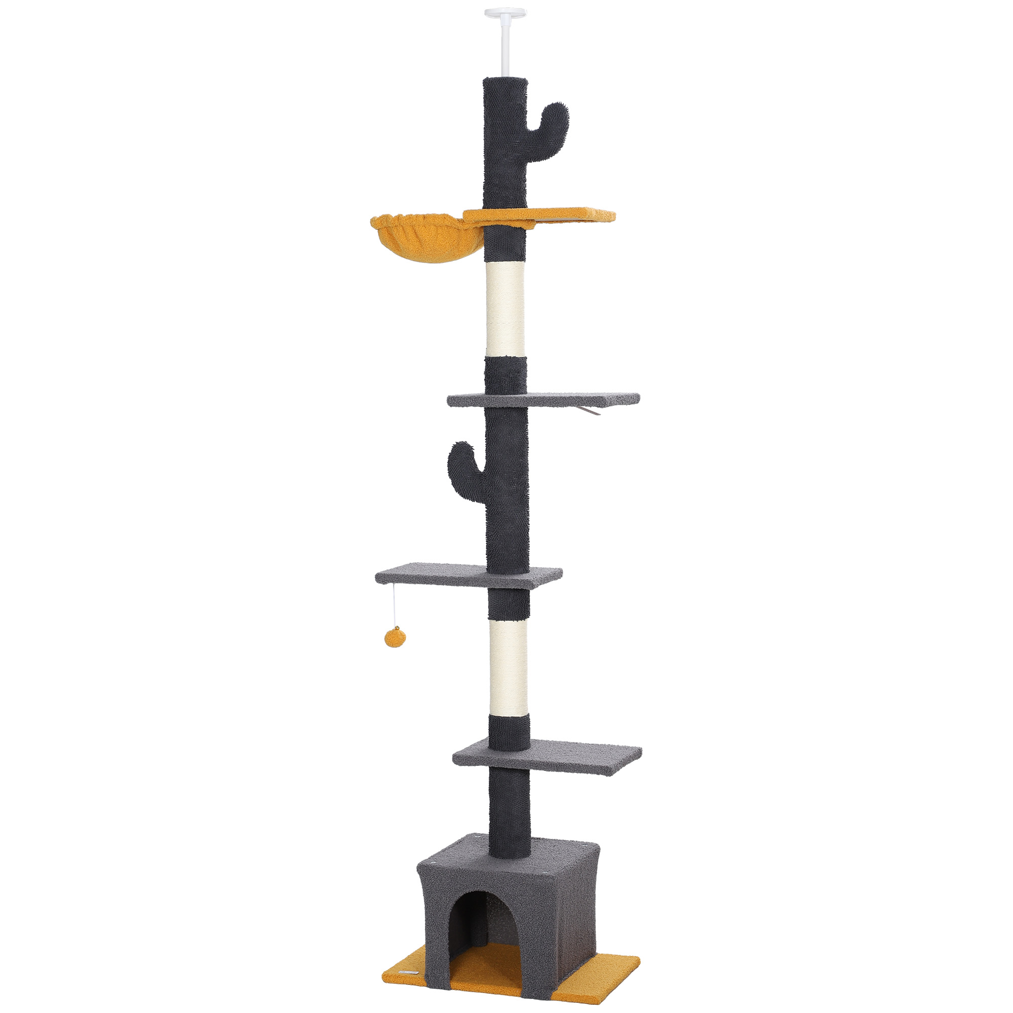 Scratching Posts, Ground to Overhead Feline TreeTower with 90.5"-108" Adjustable-Height Height, Hammock, Condo, Plaything Ball, Dark Grey 1