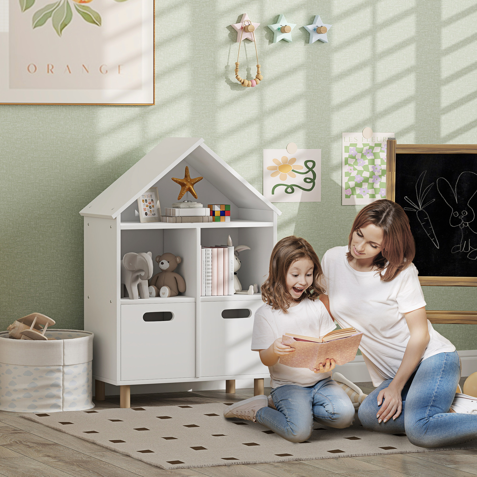 Qaba 3 Tier Kids Bookshelf with Two Drawers, for Kids Rooms, Bedroom, Nursery, White 0