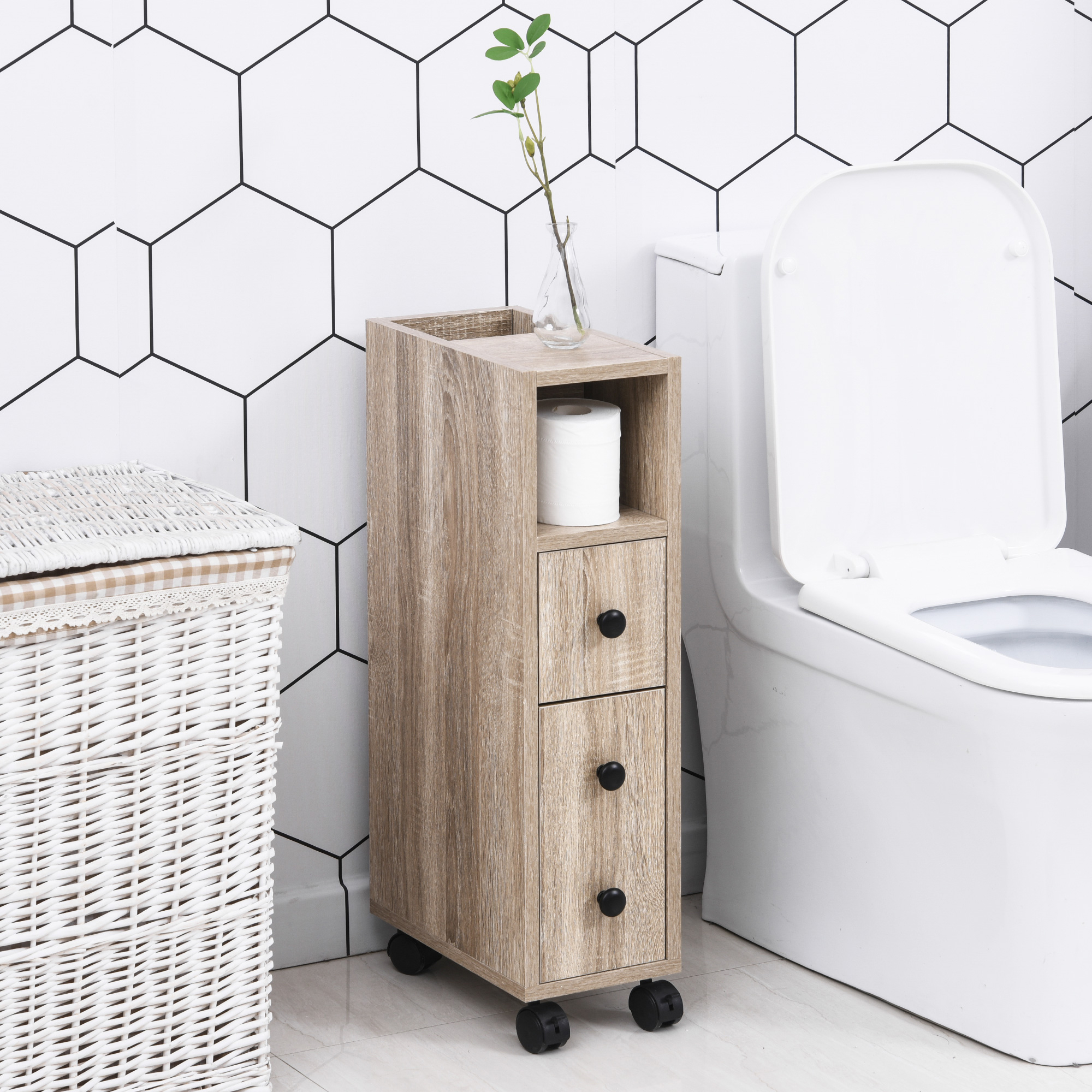 kleankin Freestanding Compact Design Bathroom Cabinet with 2 Open Cabinets  1 Door Cabinet  1 Drawer and 4 Rolling Wheels  Oak Grain Color 5