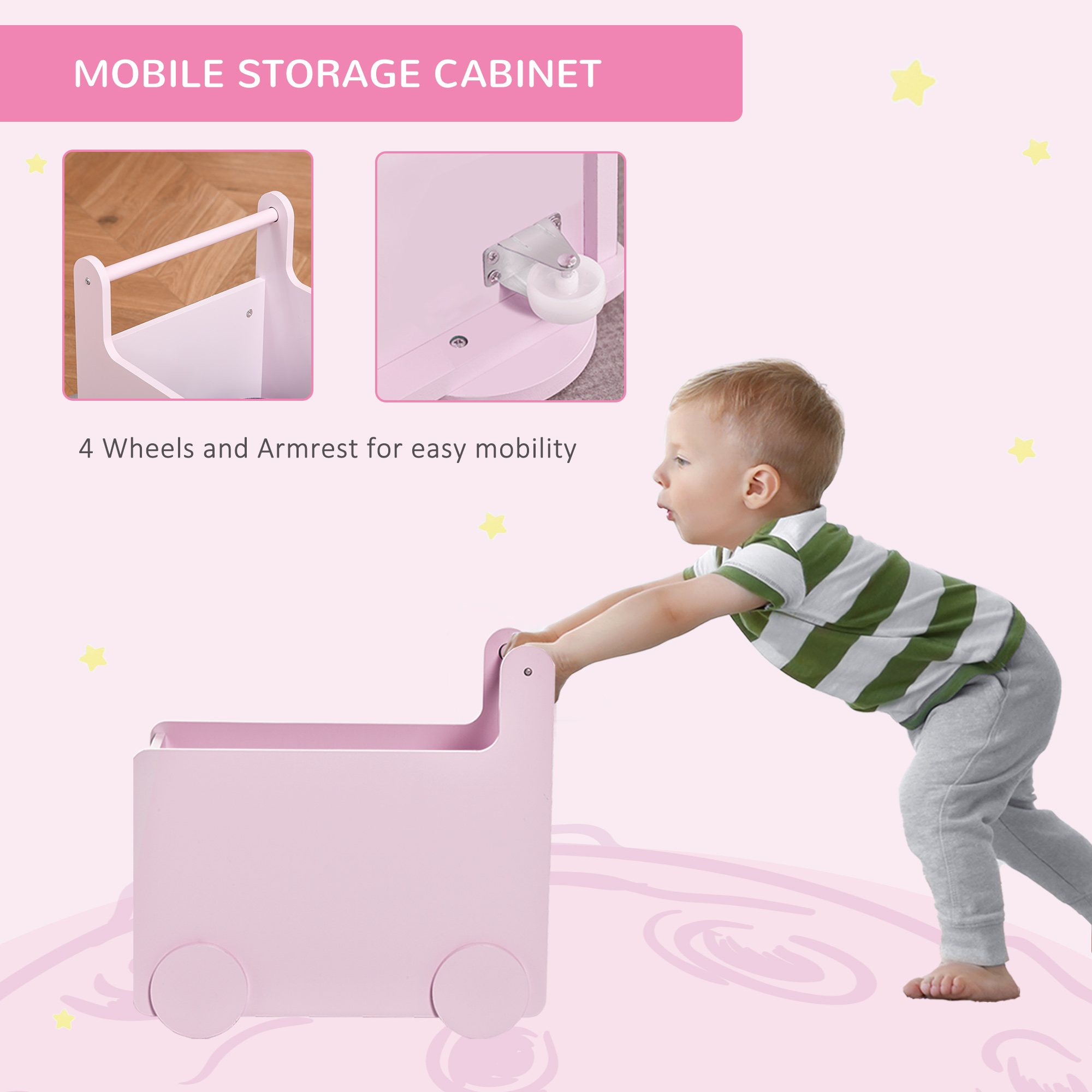 Qaba's Kids' Storage Cabinet, Organize Books, Toys, and Crafts, Safely Transport With Included Wheels, Pink 18.5"L x 13.75"W x 18"H 3