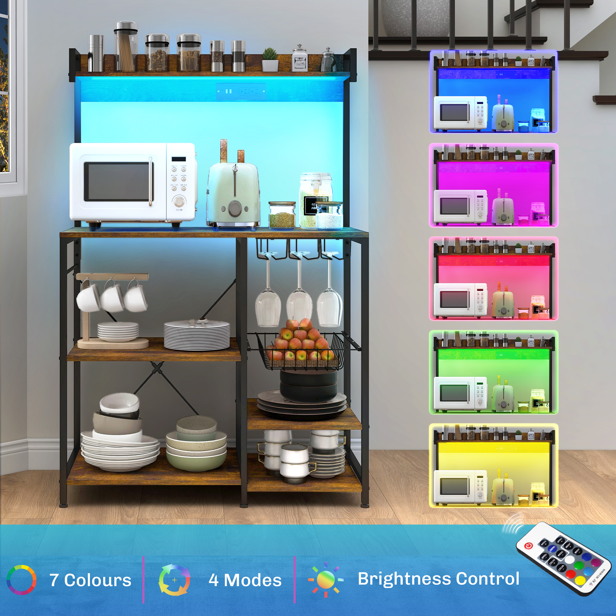 HOMCOM Industrial Rustic Brown Kitchen Baker's Rack with Charging Station, RGB Lights, Glass Holders & Open Shelves | Aosom.com 3