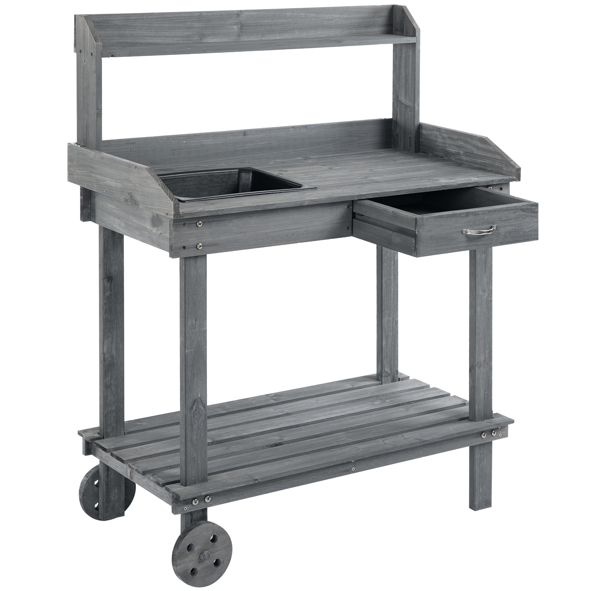 Outsunny 36" Wooden Potting Bench Work Table with 2 Removable Wheels, Garden Workstation with Removable Sink, Drawer & Large Storage Spaces, Gray