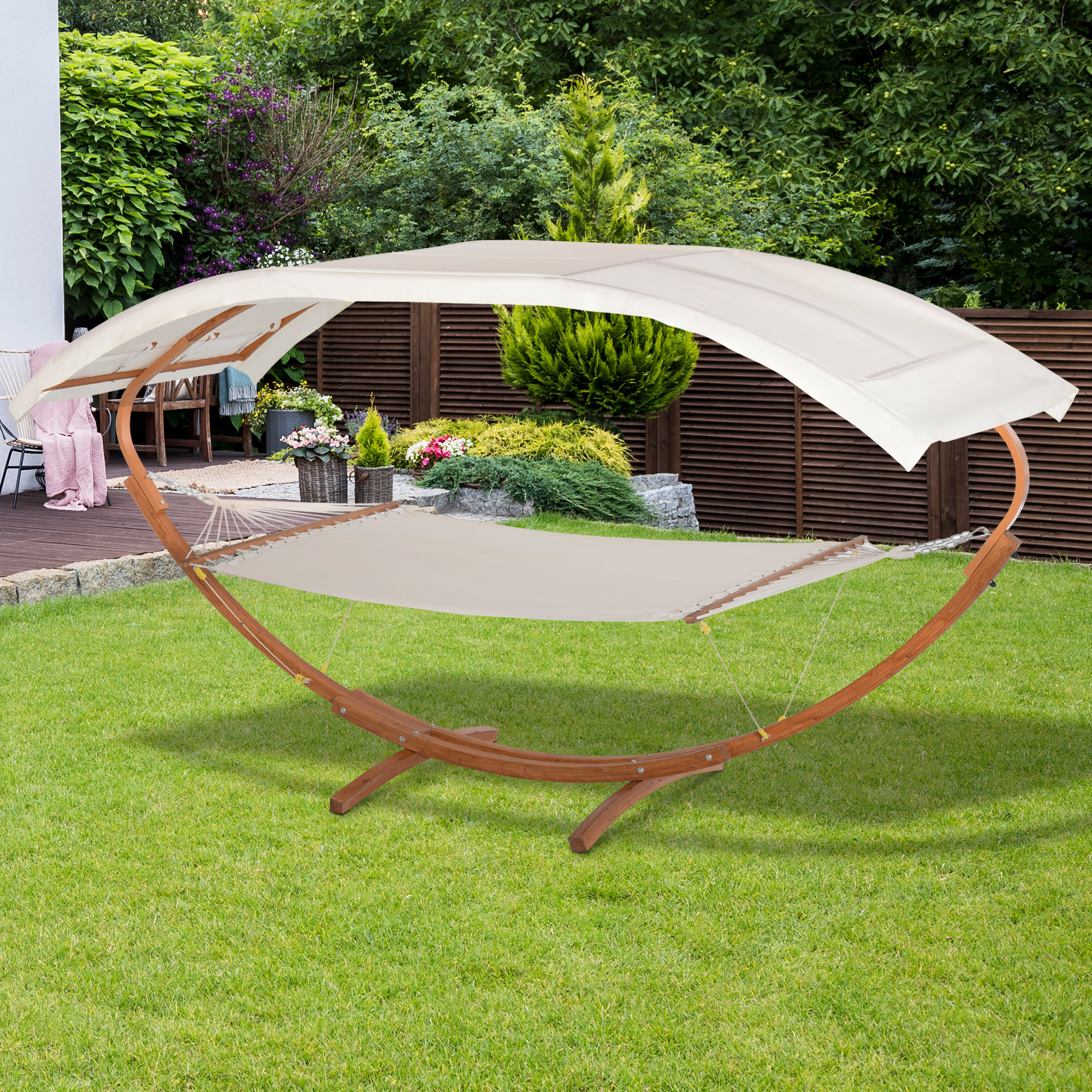 Outsunny 2 Person Wood Swing Arc Hammock Bed and Stand Set with