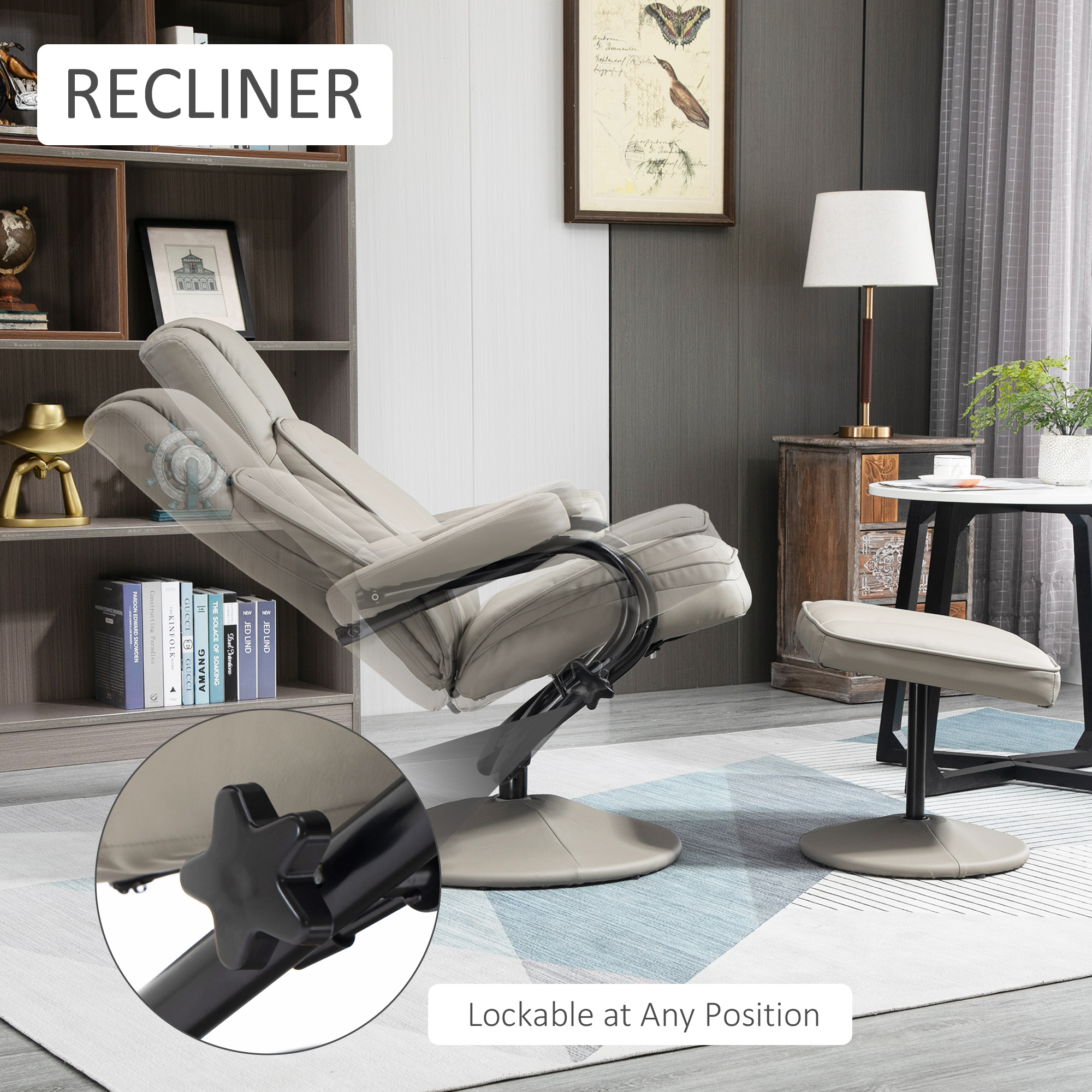 HOMCOM Swivel Recliner Grey Manual PU Leather Armchair with Ottoman for Living Room Office Bedroom | Aosom.com 2