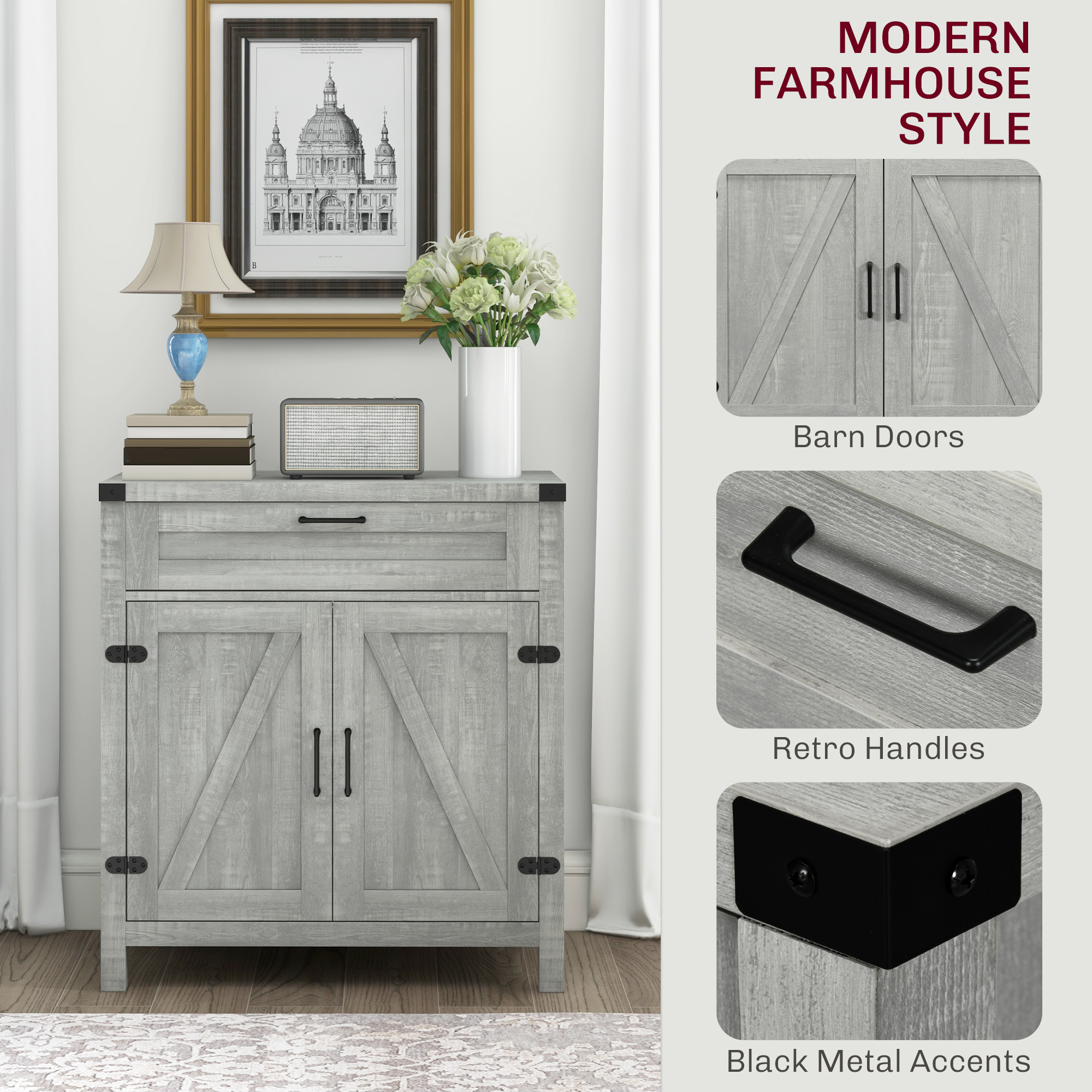HOMCOM Modern Farmhouse Sideboard Storage Cabinet, Buffet Cabinet with 2 Barn Doors and Drawer for Dining Room, Gray | Aosom.com 4