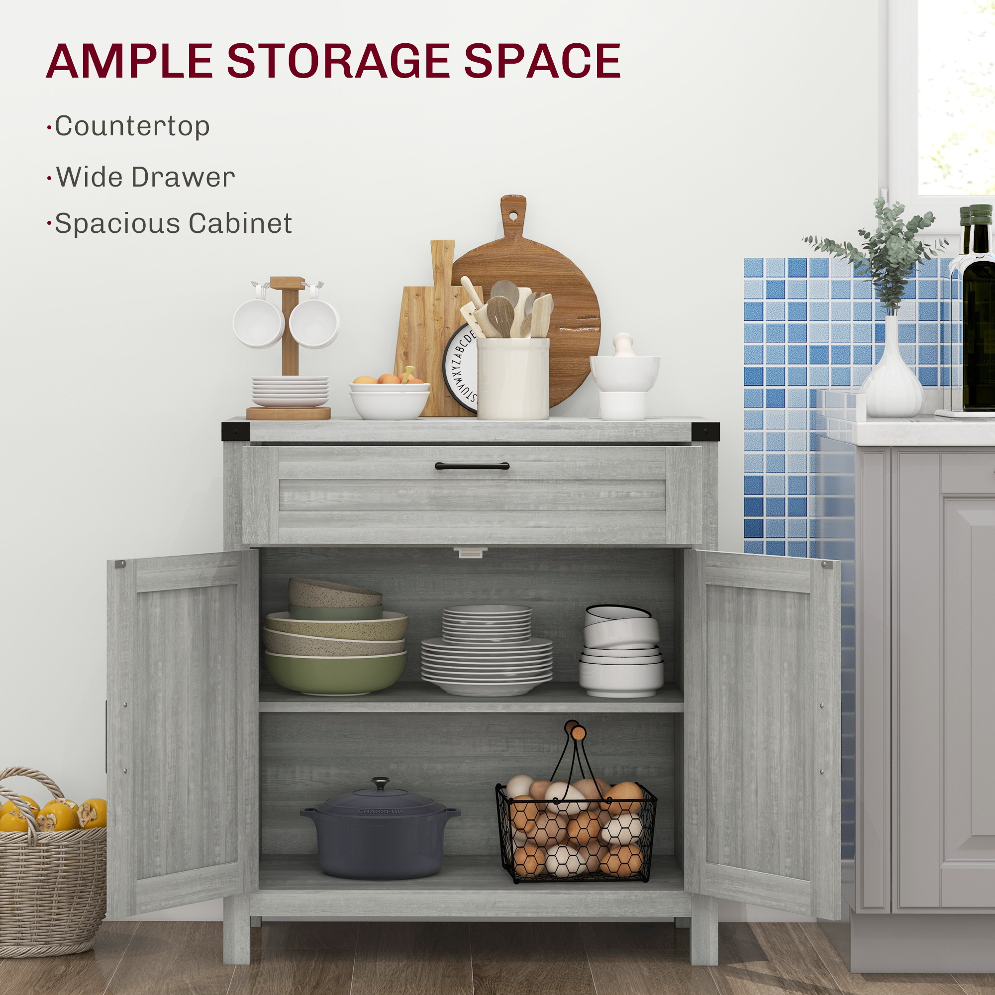 HOMCOM Modern Farmhouse Sideboard Storage Cabinet, Buffet Cabinet with 2 Barn Doors and Drawer for Dining Room, Gray | Aosom.com 2