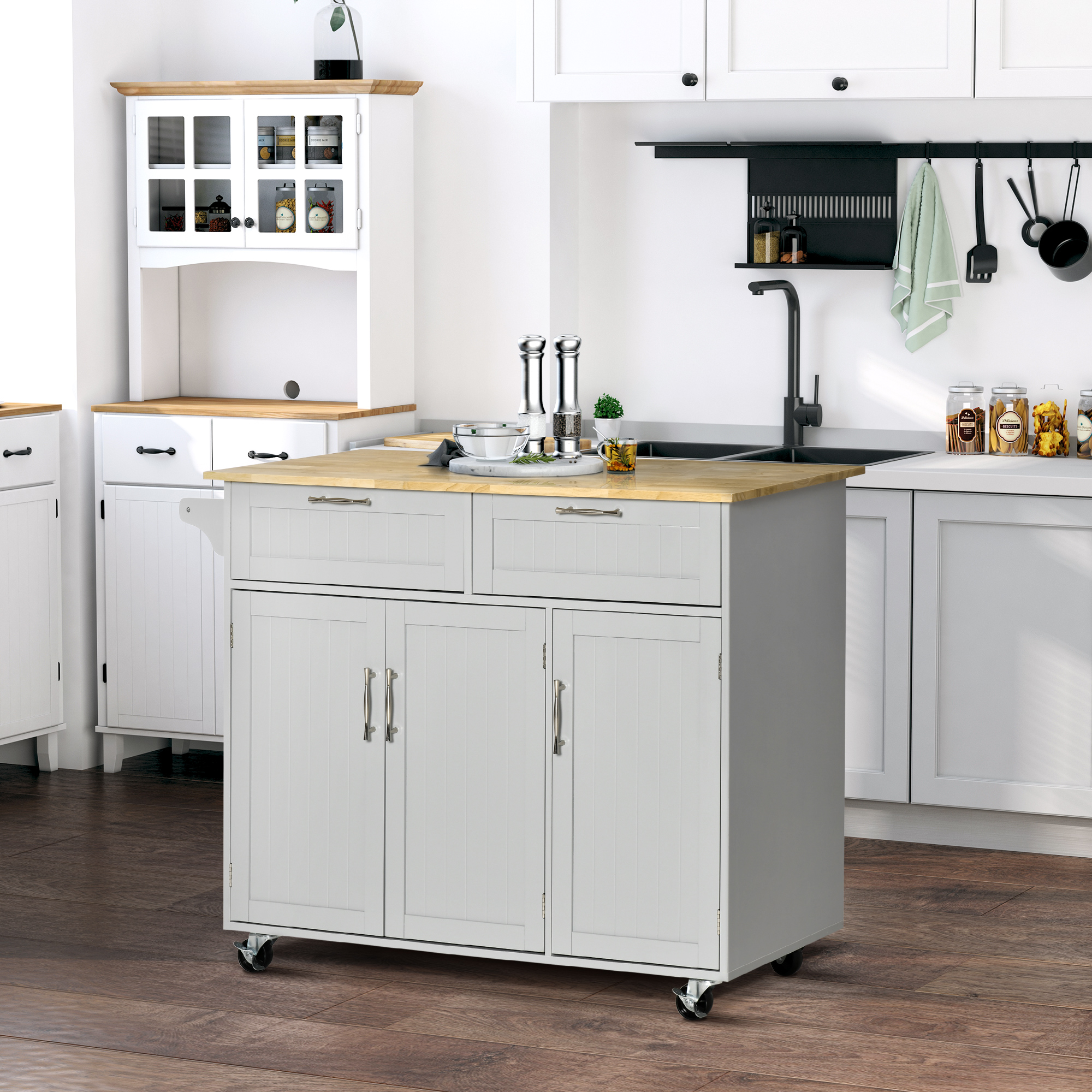 HOMCOM Multifunctional Kitchen Serving Station: Rolling Island Cart with 2 Drawers, Cabinets & Grey Finish Aosom Canada