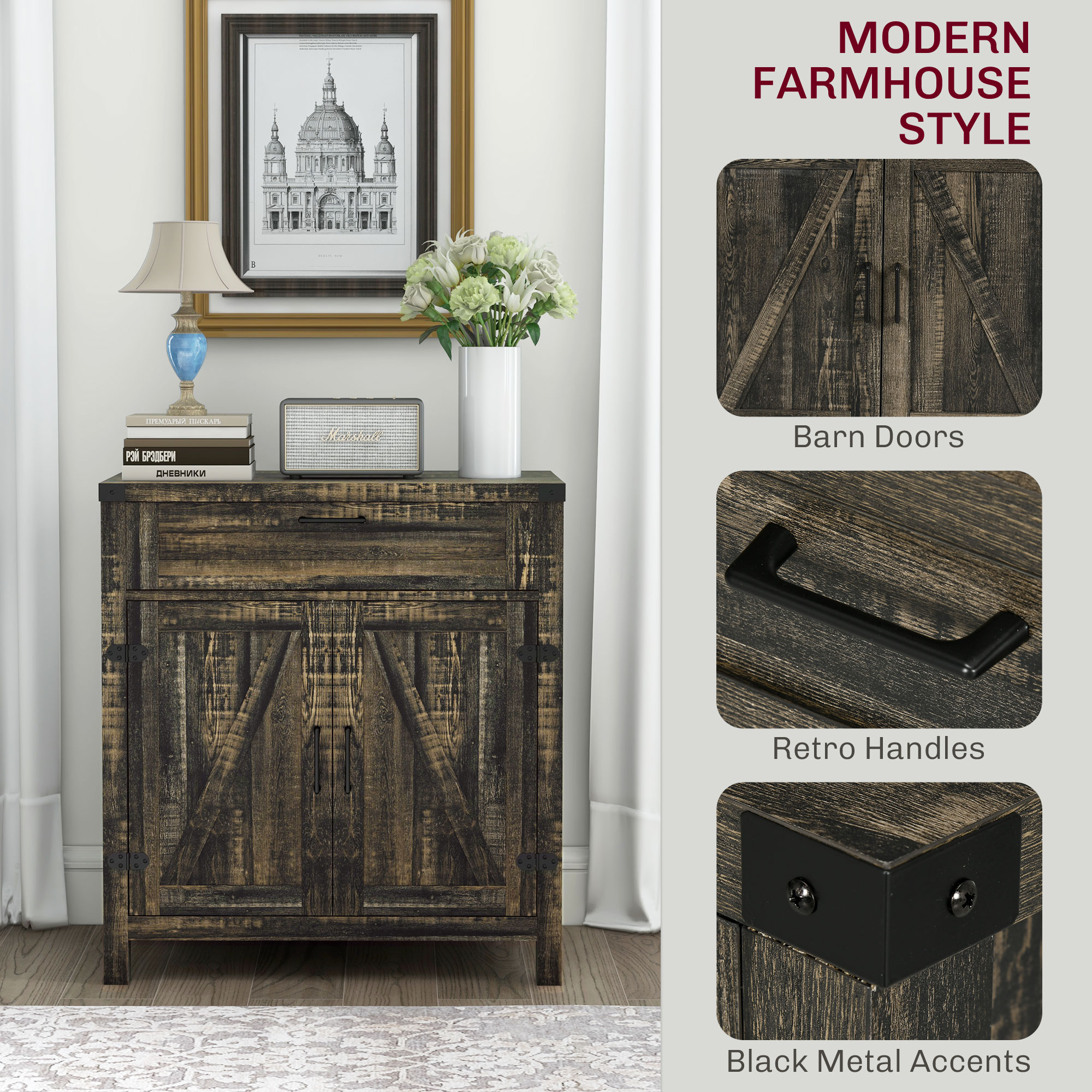 HOMCOM 30" Kitchen Sideboard Cabinet, Morden Storage Buffet Cabinet w/ 2 Barn Doors & Drawer for Indoors Dining Room, Dark Oak | Aosom.com 4