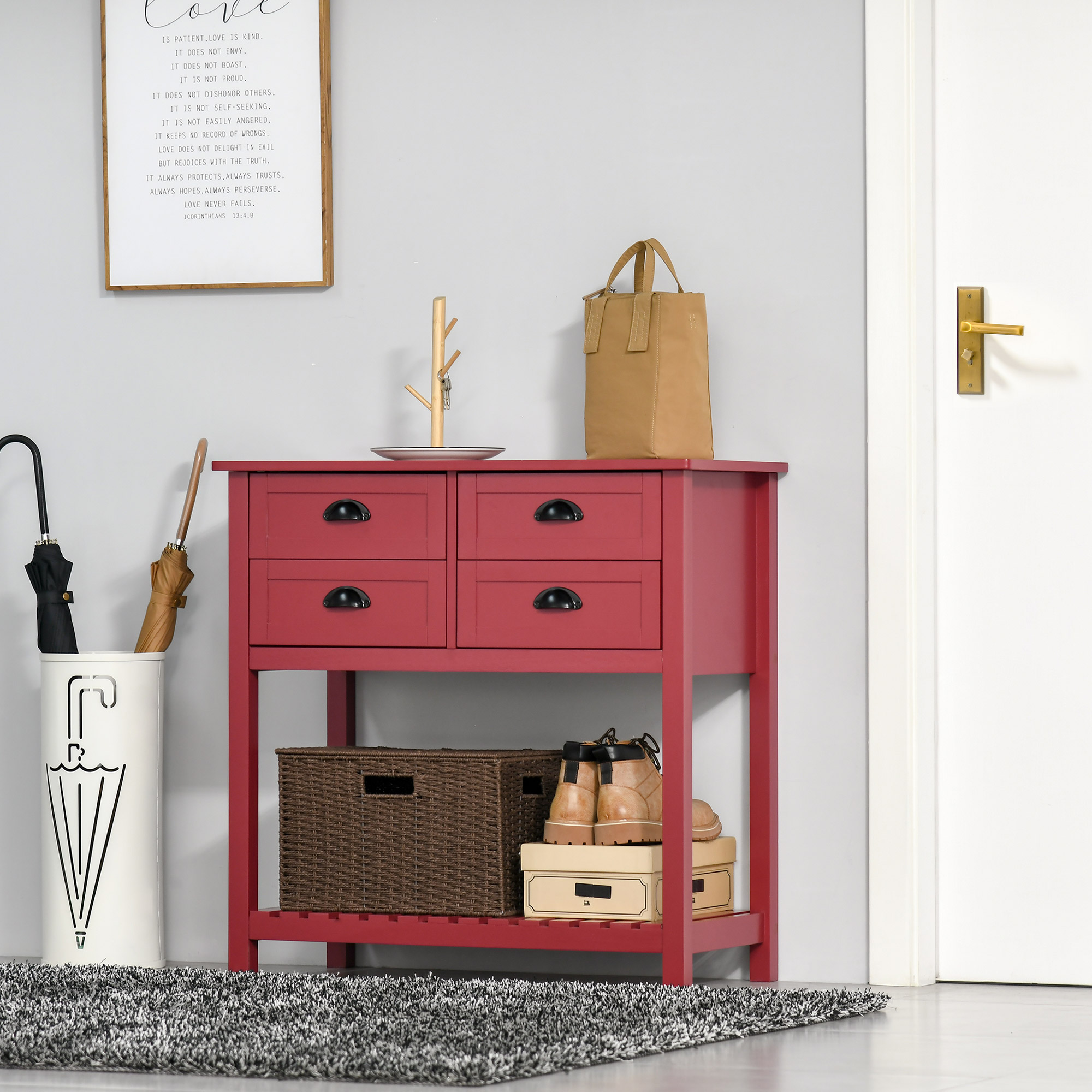 HOMCOM Sideboard Buffet Cabinet, Storage Serving Console Table with 4 Drawers and Slatted Bottom Shelf for Kitchen, Living Room, Red 0