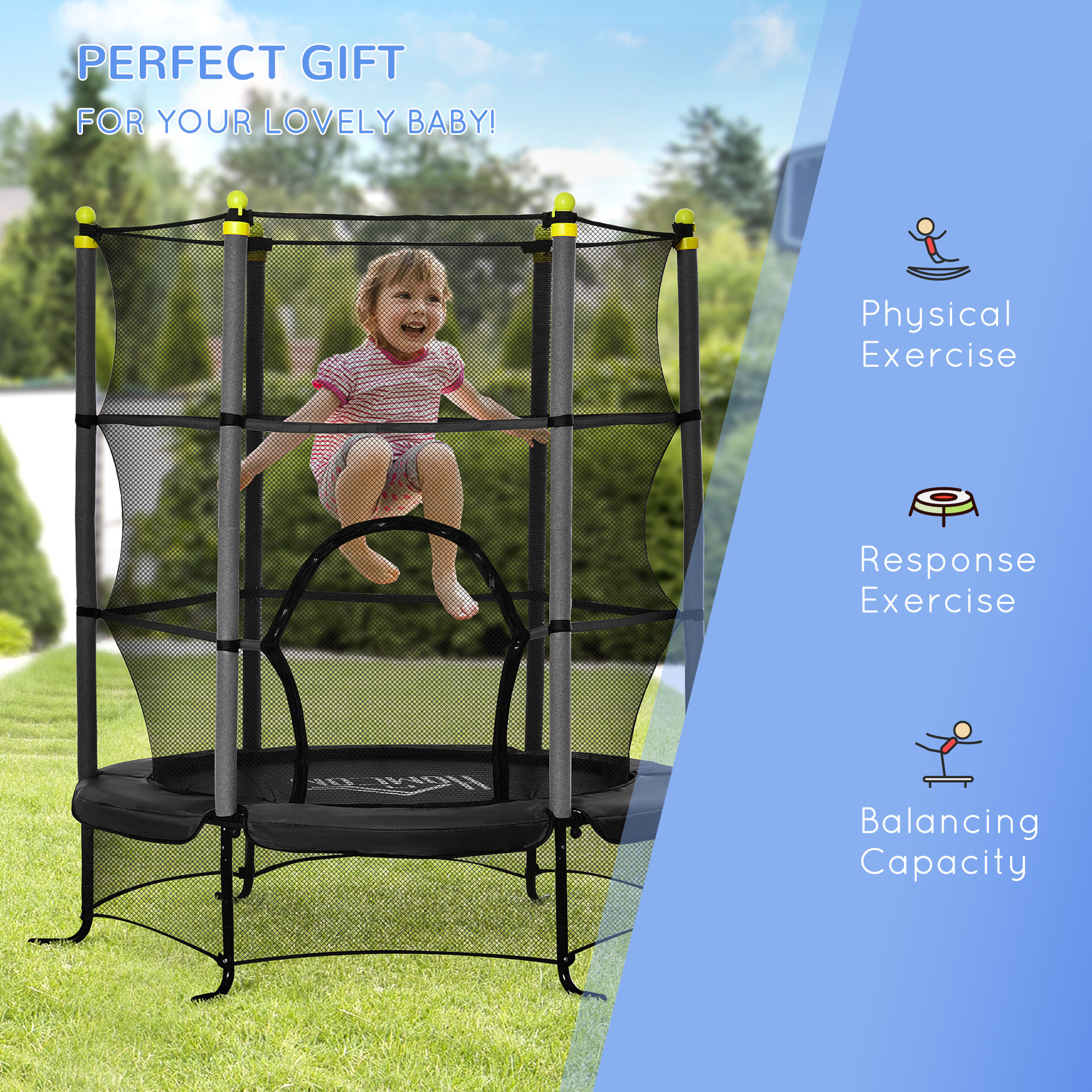 Soozier 5.3FT Kids Trampoline with Safety Enclosure, Black, Indoor/Outdoor Use for Ages 3-10 | Aosom.com 5