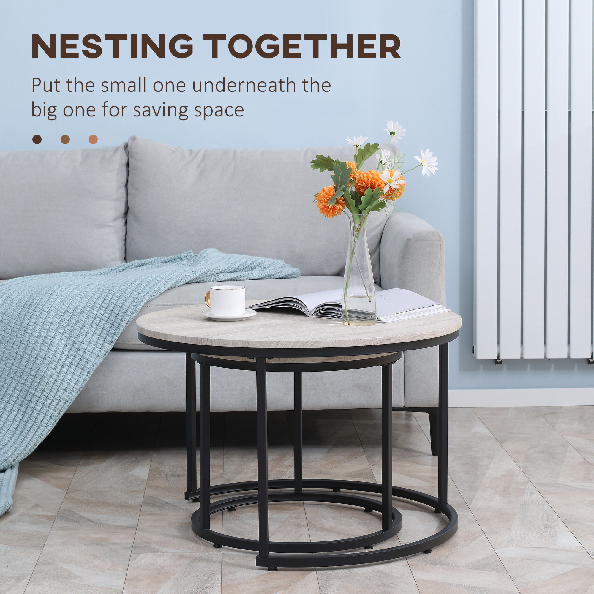 HOMCOM Nesting Coffee Tables Set of 2 Grey Round Stacking Tables with Metal Frame for Living Room | Aosom.com 2