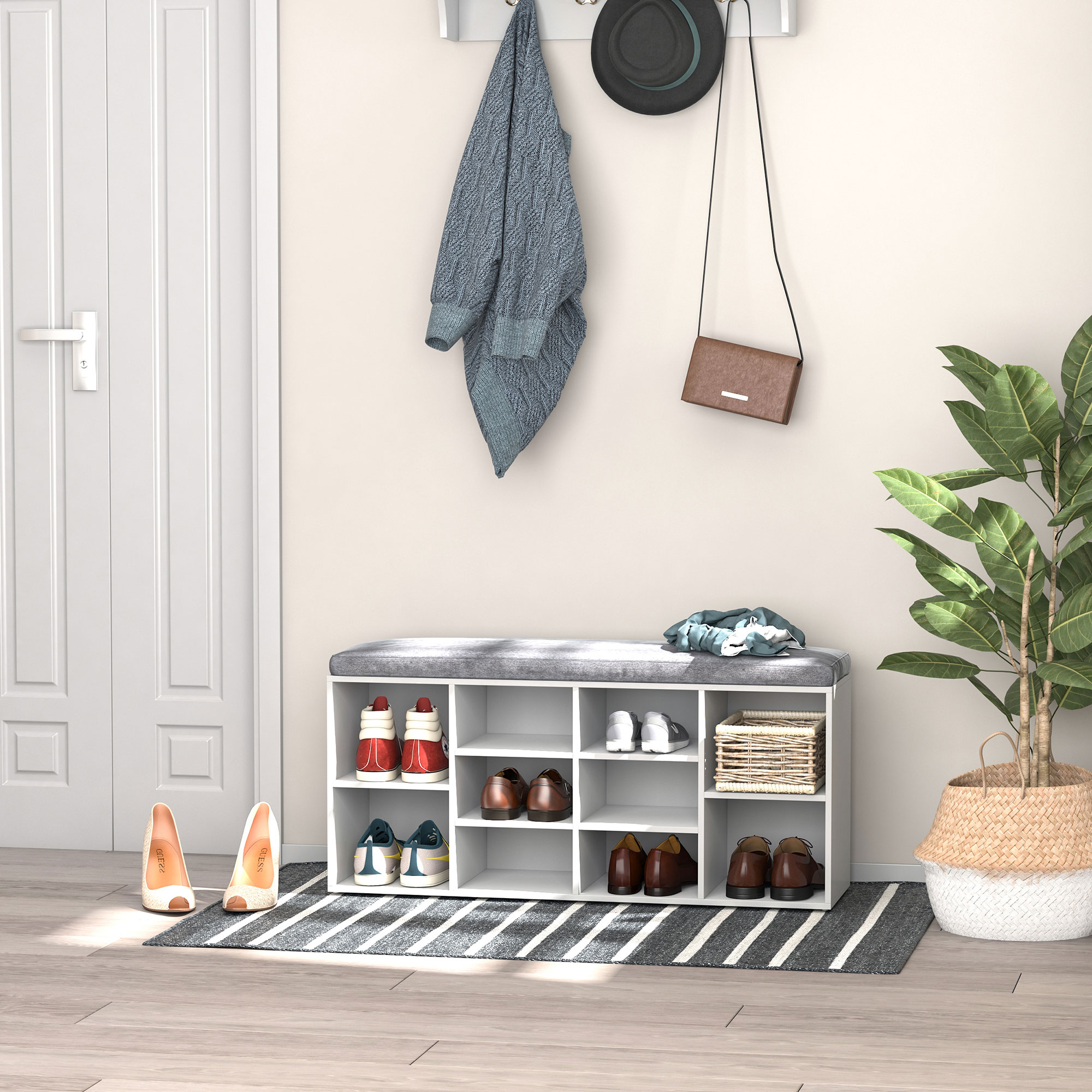 HOMCOM Shoe Bench with Storage, Upholstered Entryway Bench with Adjustable Shelves, Cushion for Living Room, Hallway, White Aosom Canada