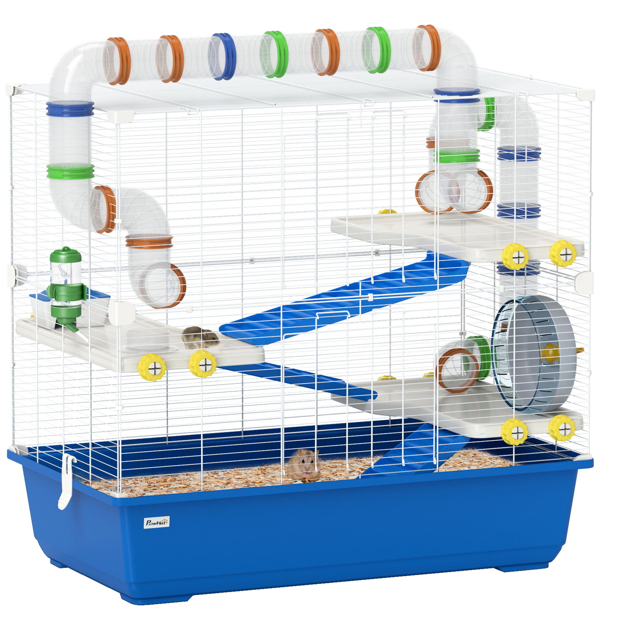 PawHut 4 Tier Hamster Cage with Tunnel Tube System, Hut, Exercise Wheel, Water Bottle, Food Dish, for Syrian, Gerbil, Blue
