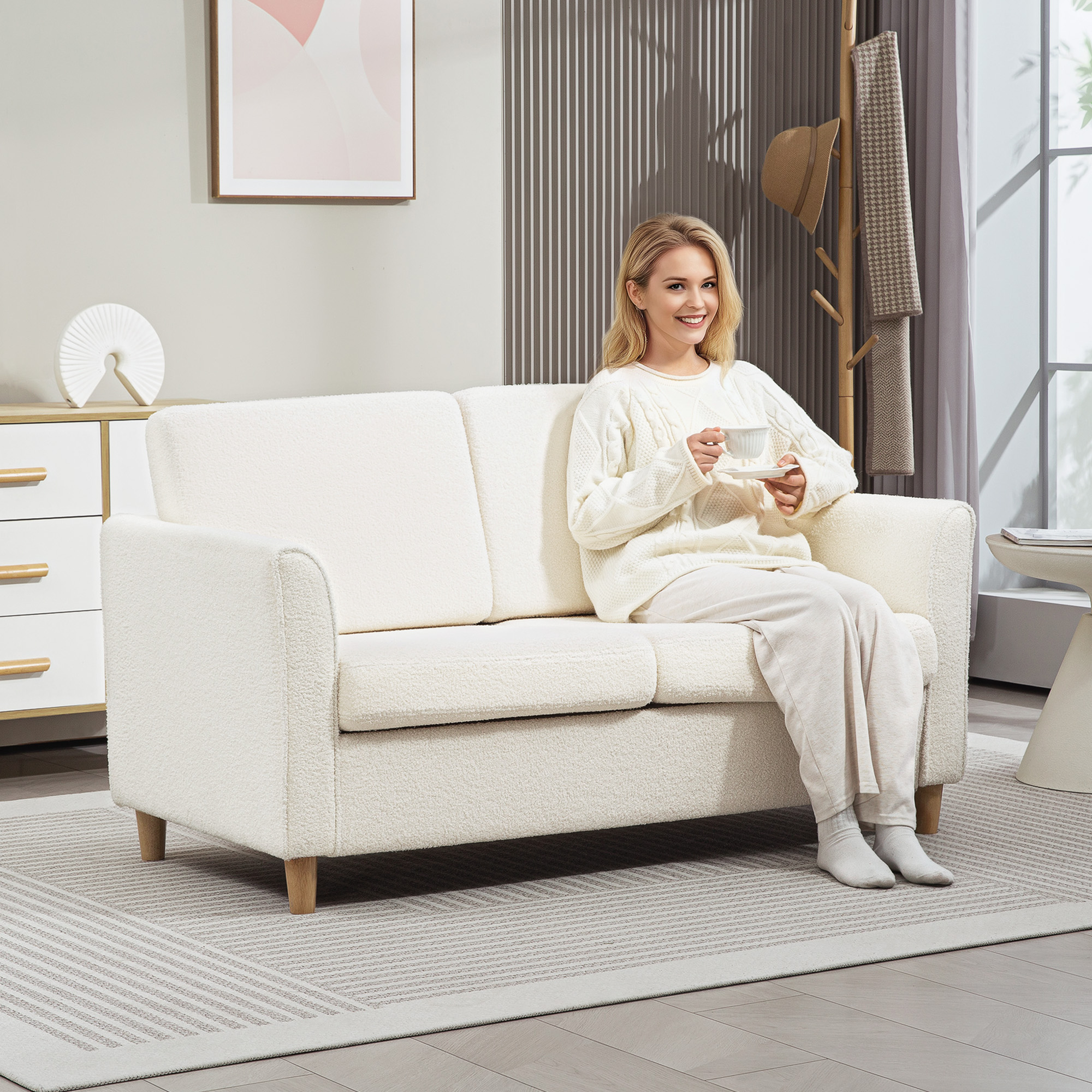 HOMCOM 2-Seat Sofa Two-Seater Couch with Armrests and Wood Legs for Living Room, Bedroom, Cream White Aosom Canada